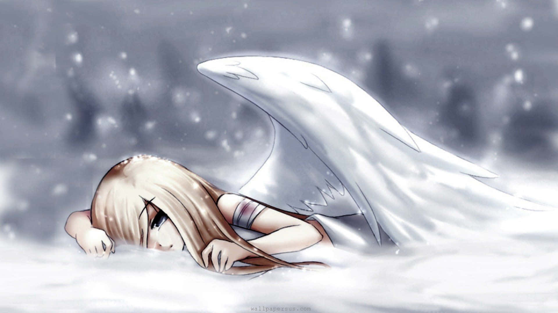 Snow Angel, anime girl, white wings, Full HD Desktop Wallpaper
