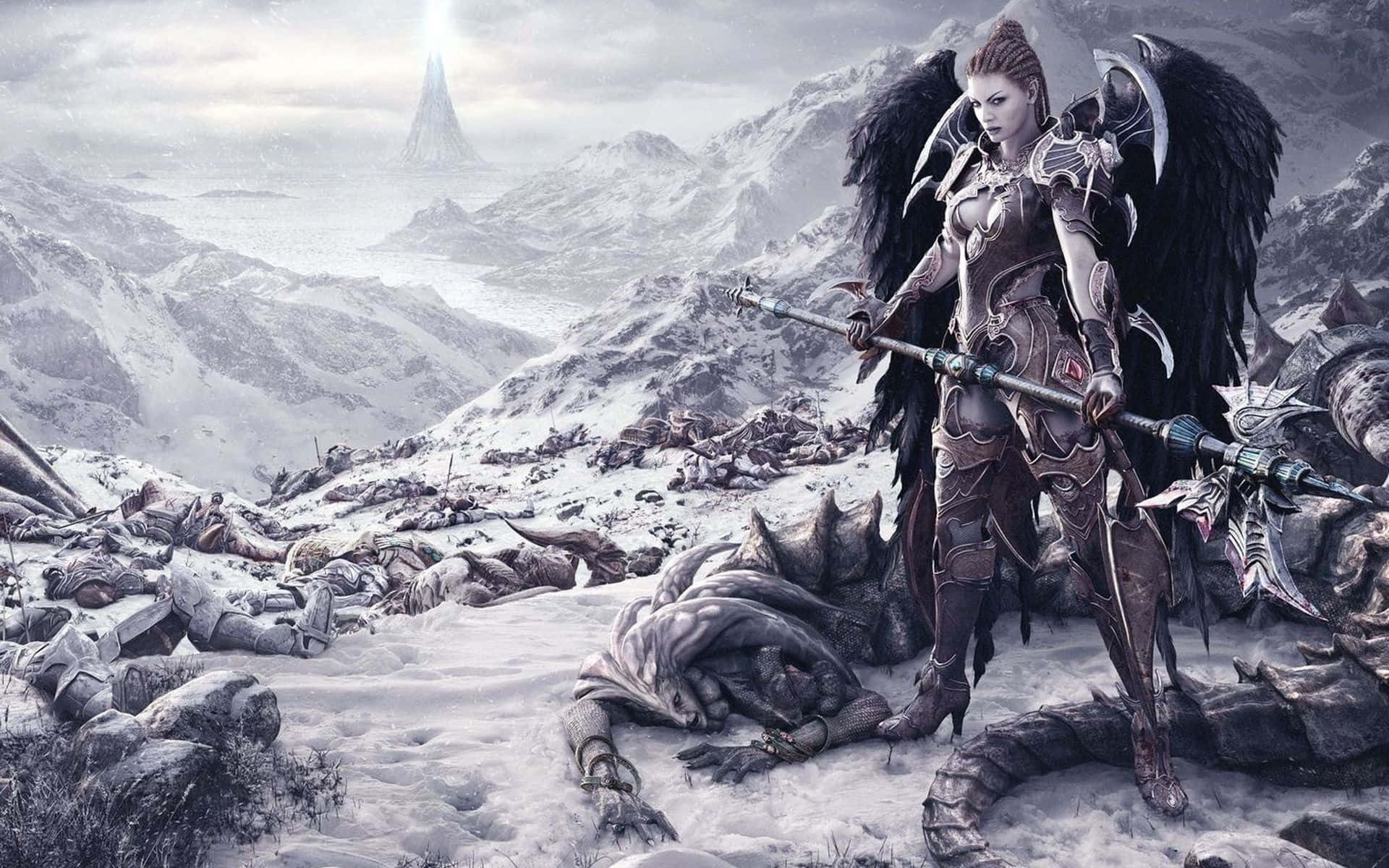 Snow Angel, dark-winged warrior, ornate armor, Full HD Desktop Wallpaper