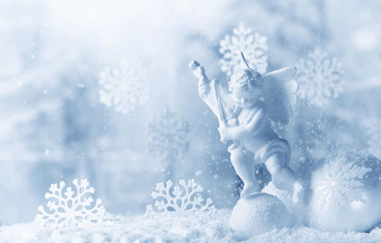 snow angel, white angel figurine, trumpet, HD Desktop Wallpaper