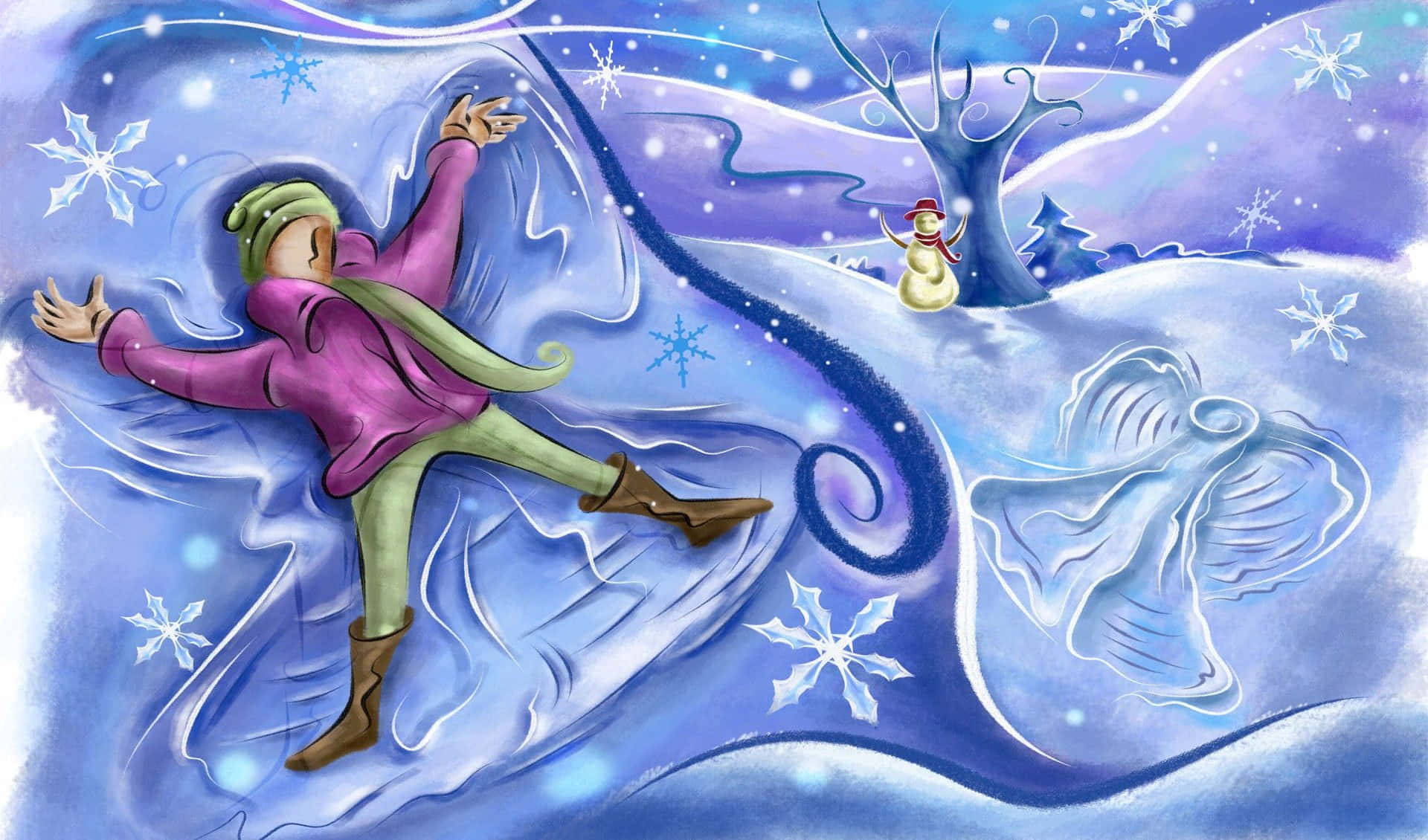 Snow Angel, purple coat, snowy hill, Full HD Desktop Wallpaper