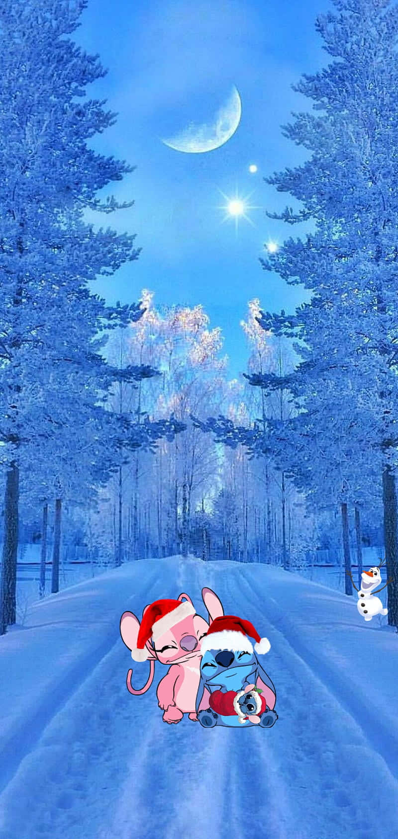 Winter Moonlight Stitchand Angel, Santa hats, snowy path, HD Phone Wallpaper