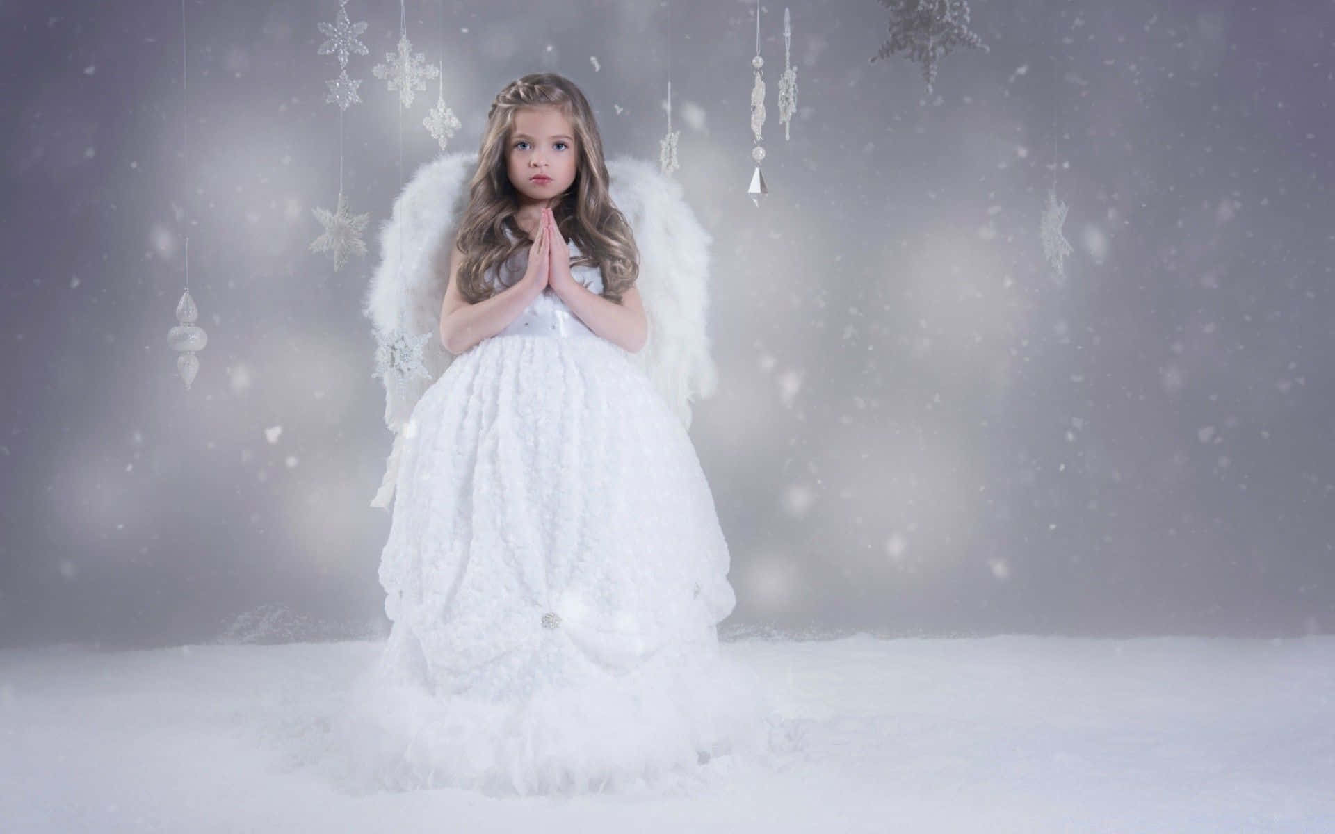 Snow Angel, white gown, falling snow, Full HD Desktop Wallpaper
