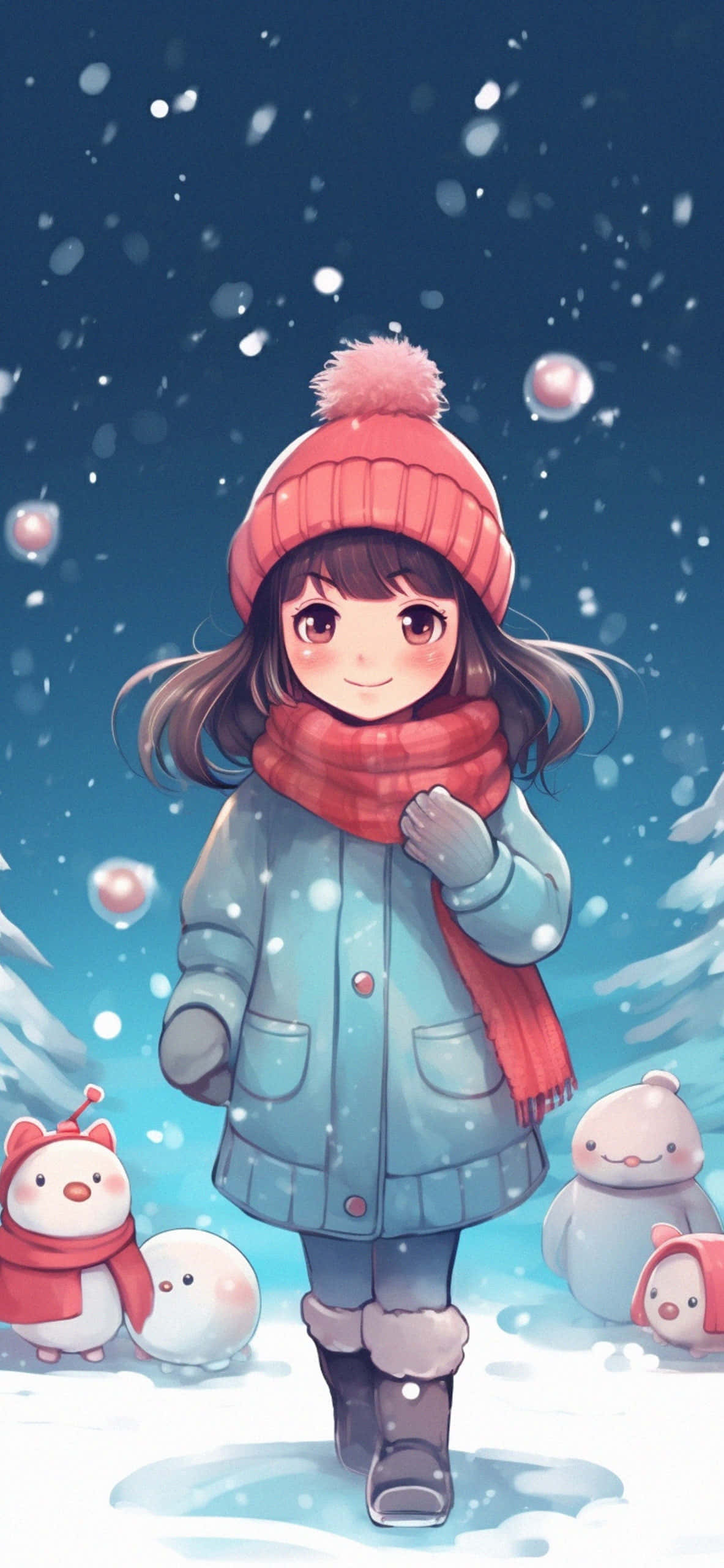 Winter Joy, pink hat, red scarf, 2K Phone Wallpaper