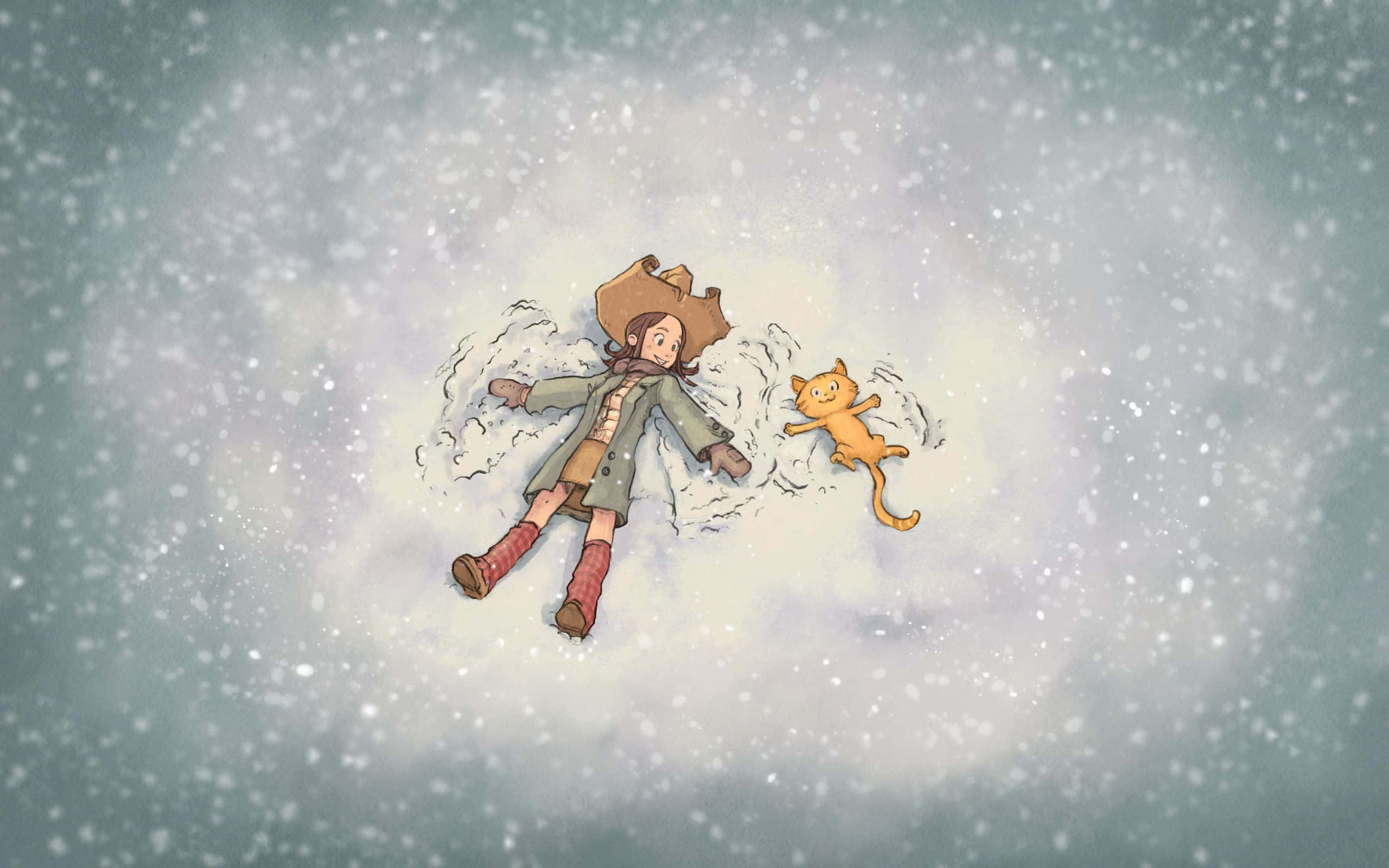 snow angel, orange cat, gentle snowfall, 2K Desktop Wallpaper