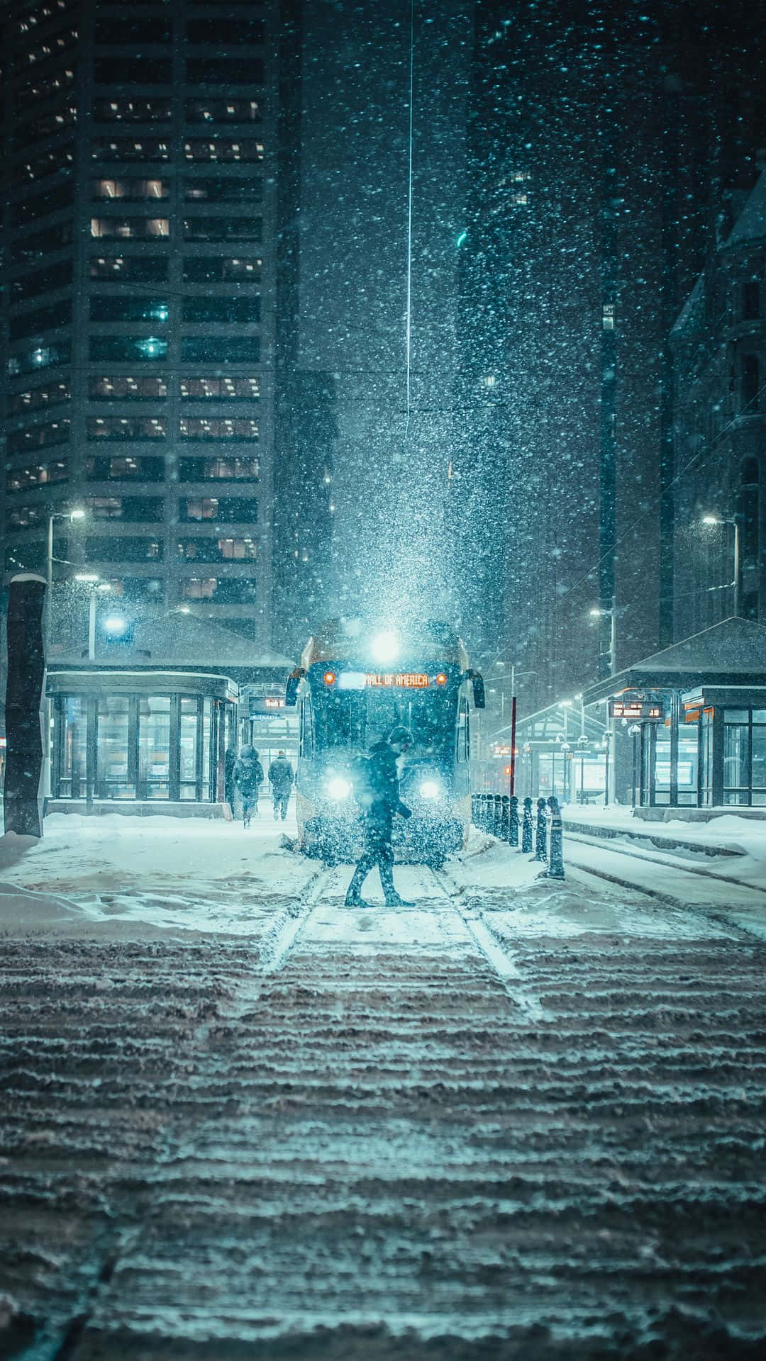Snow Falling, winter evening, city street, Full HD Phone Wallpaper