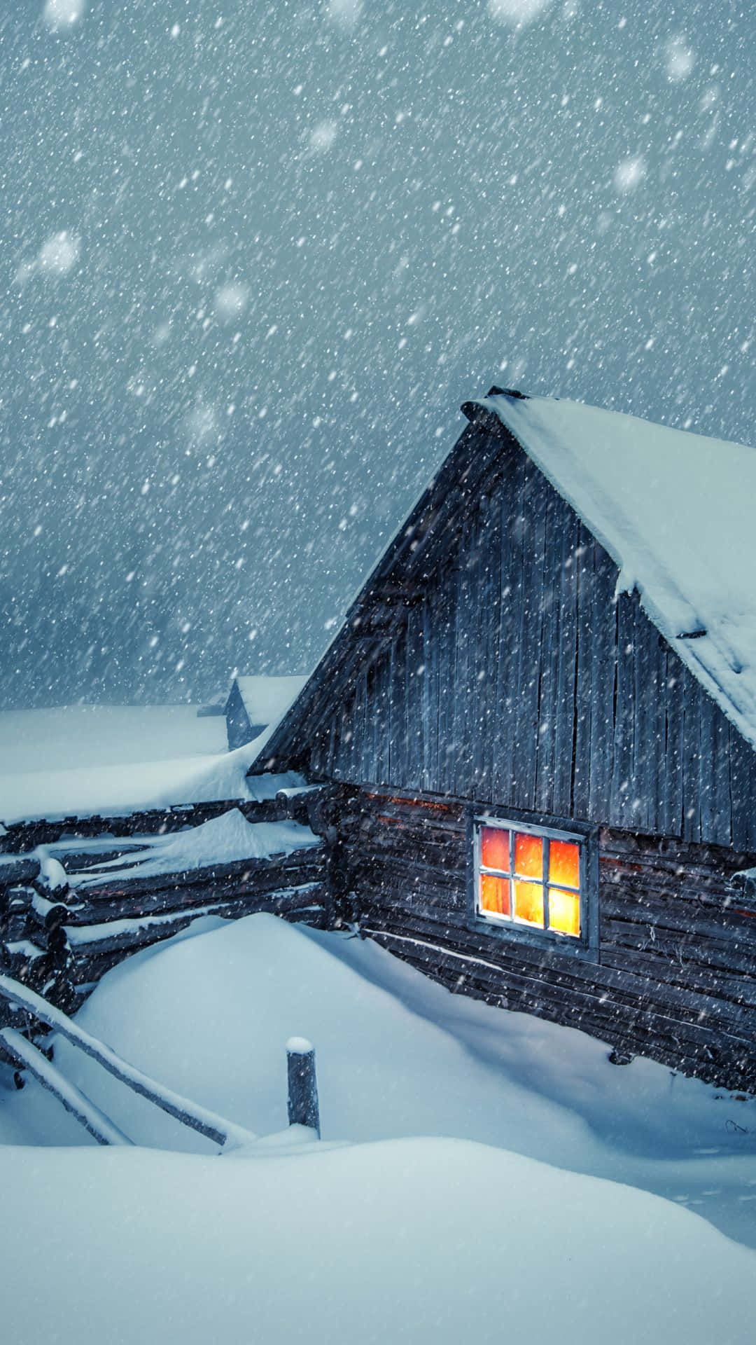 snow falling, countryside, wooden cabin, Full HD Phone Wallpaper