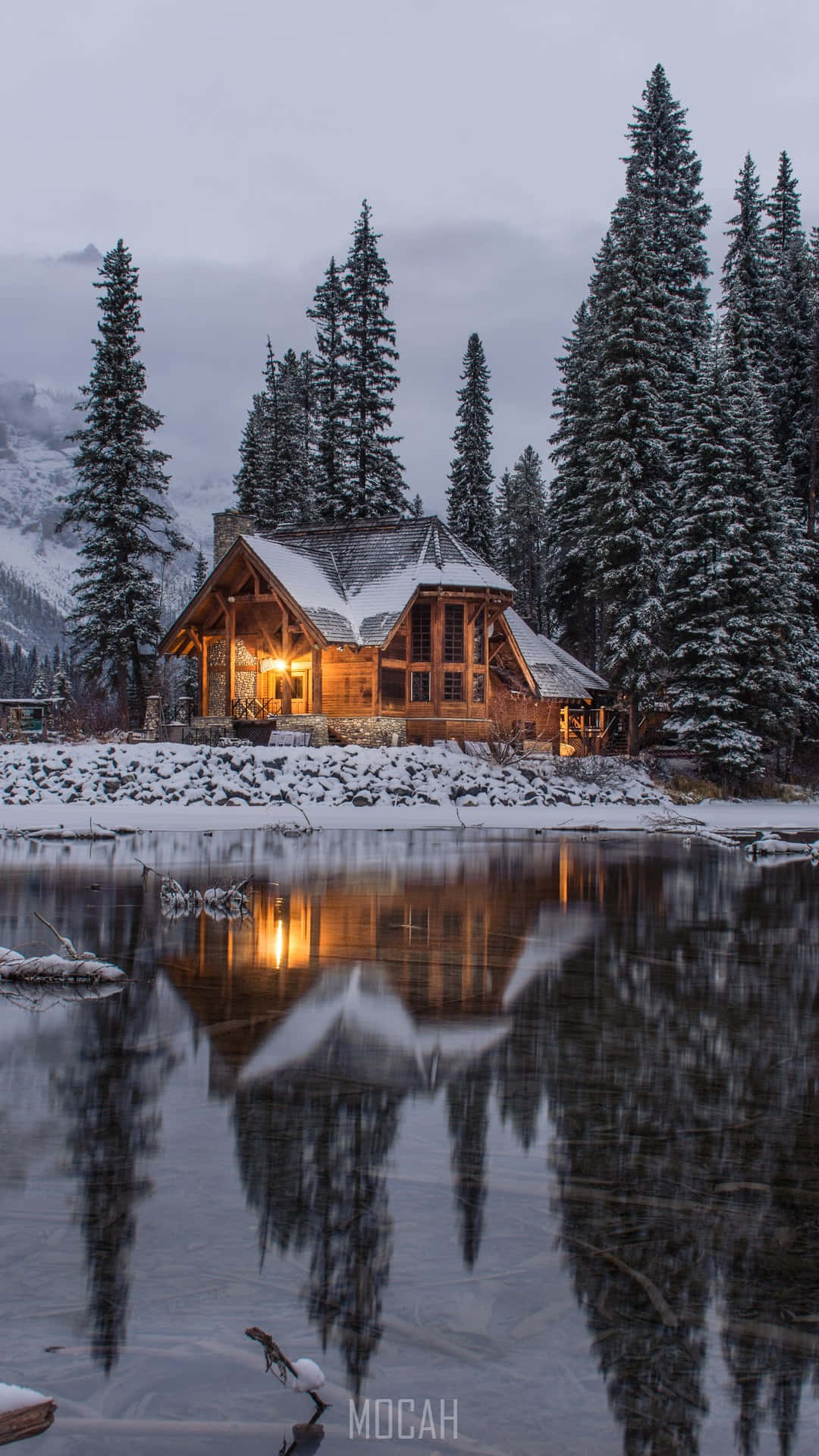 Snow Falling, wooden cabin, snowy pine trees, Full HD Phone Wallpaper