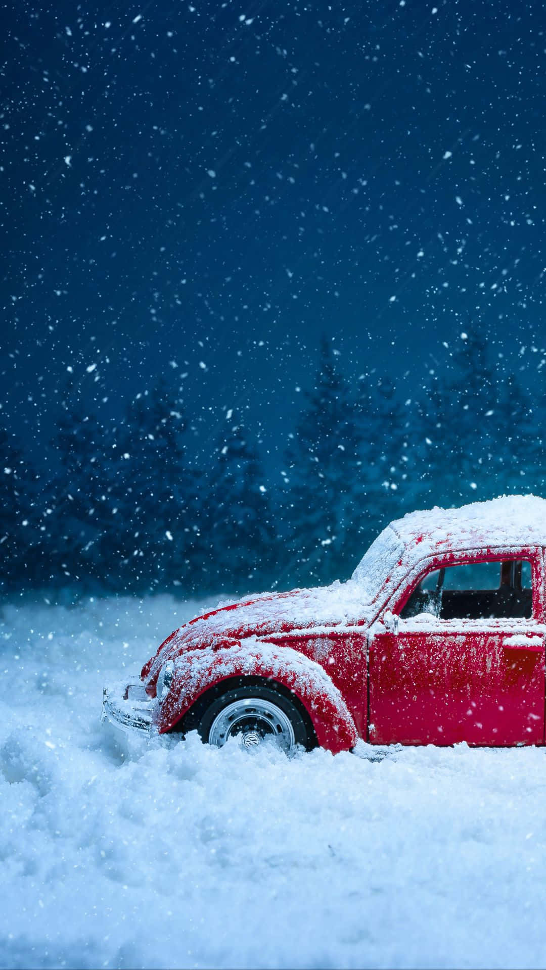 Red Car, Snow Falling, Dark Blue Winter Sky, Full HD Phone Wallpaper