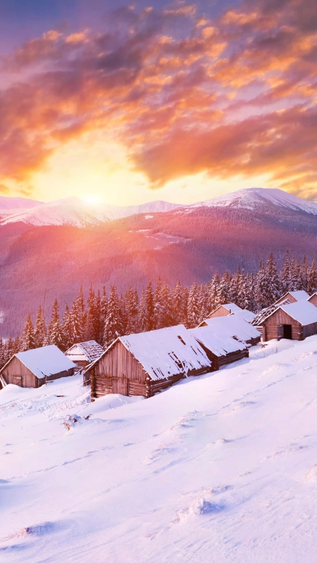 snow falling, 1080 x 1920, wooden cabins, Full HD Phone Wallpaper