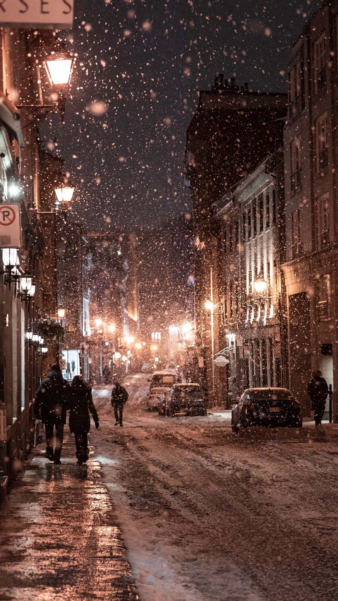 Snow Falling, urban street, night, Full HD Phone Wallpaper