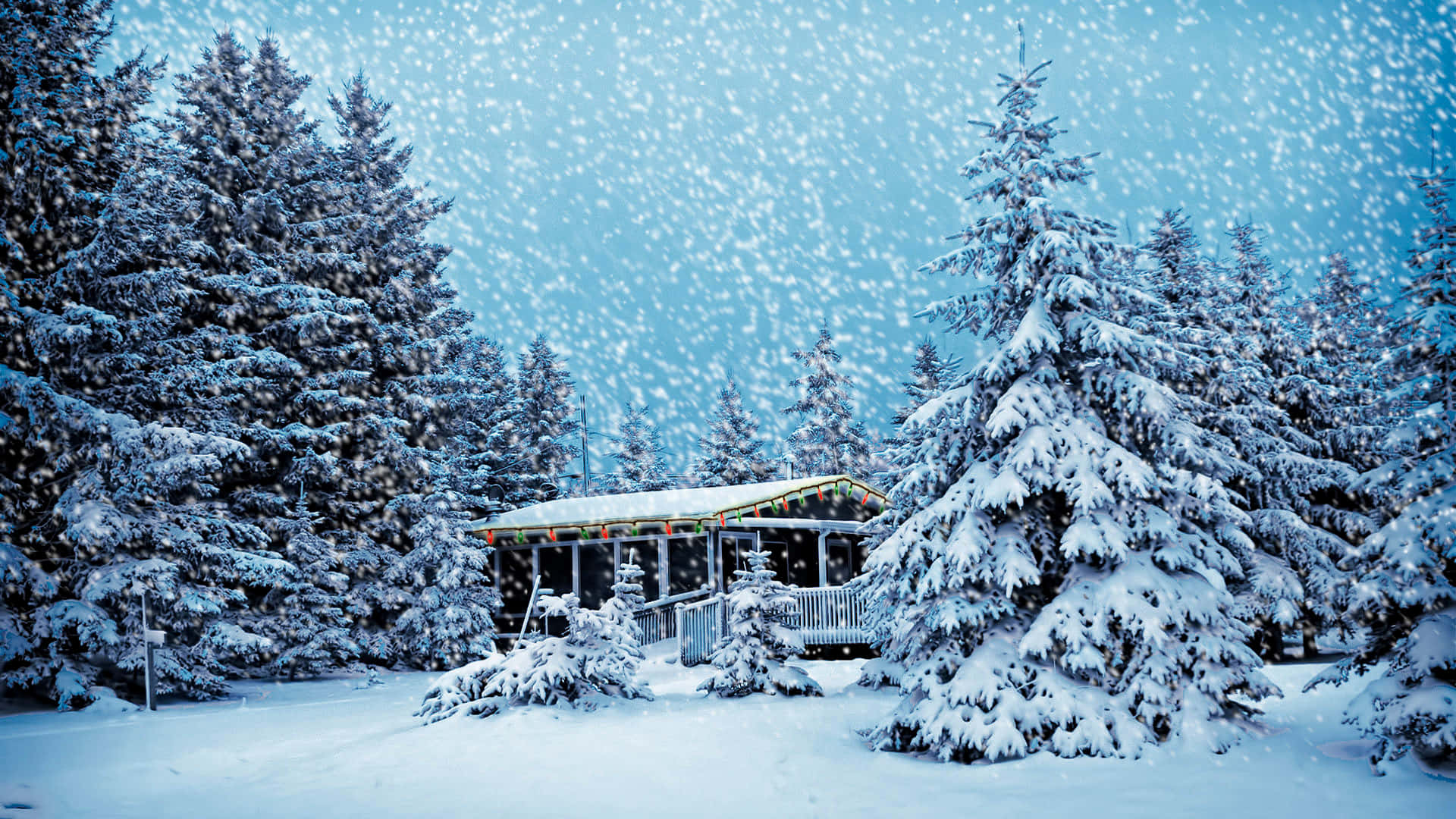 snow-covered winter wonderland, cozy cabin, snow-laden evergreens, Full HD Desktop Wallpaper