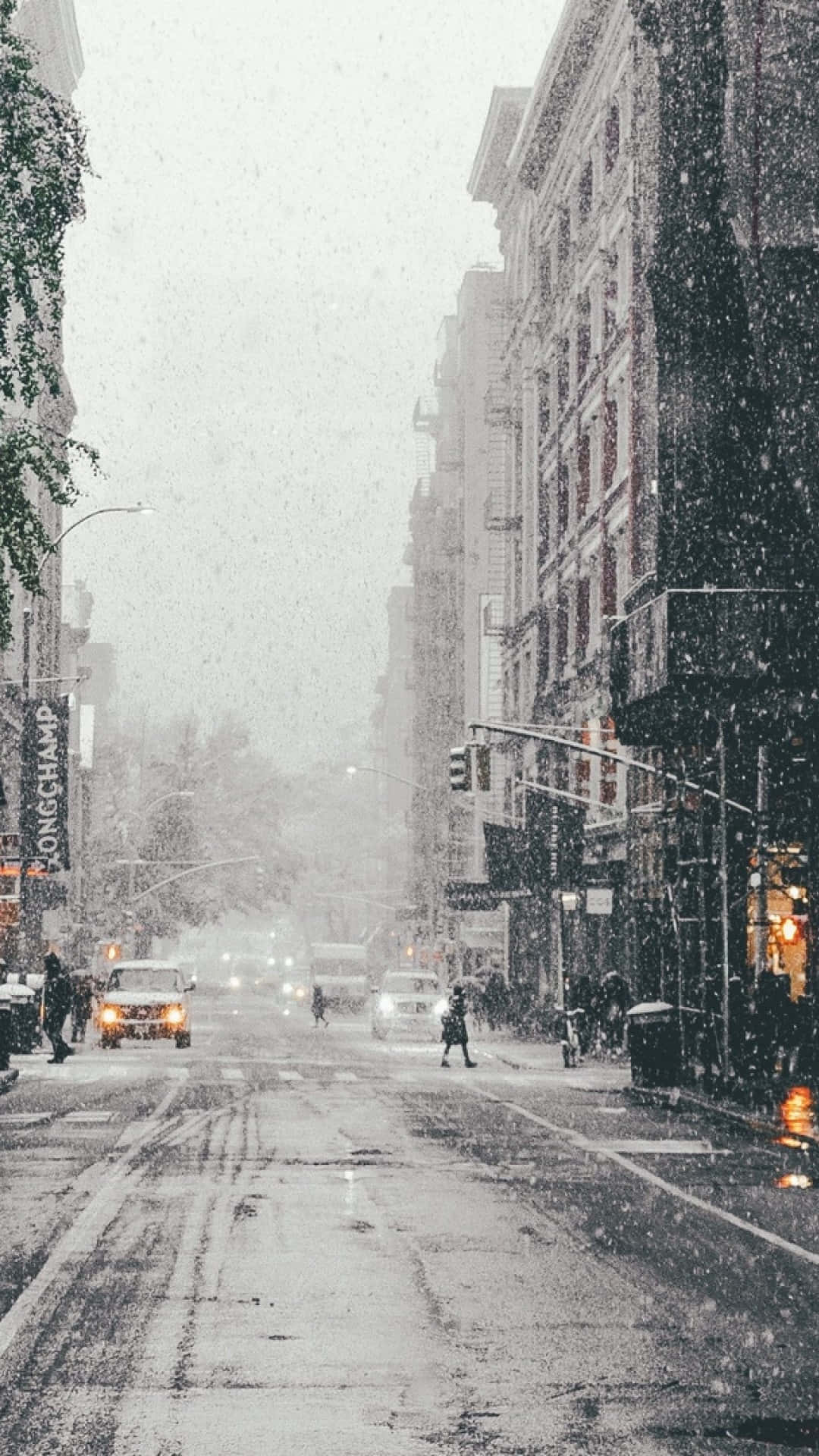 snow falling, city street, gray urban street, Full HD Phone Wallpaper