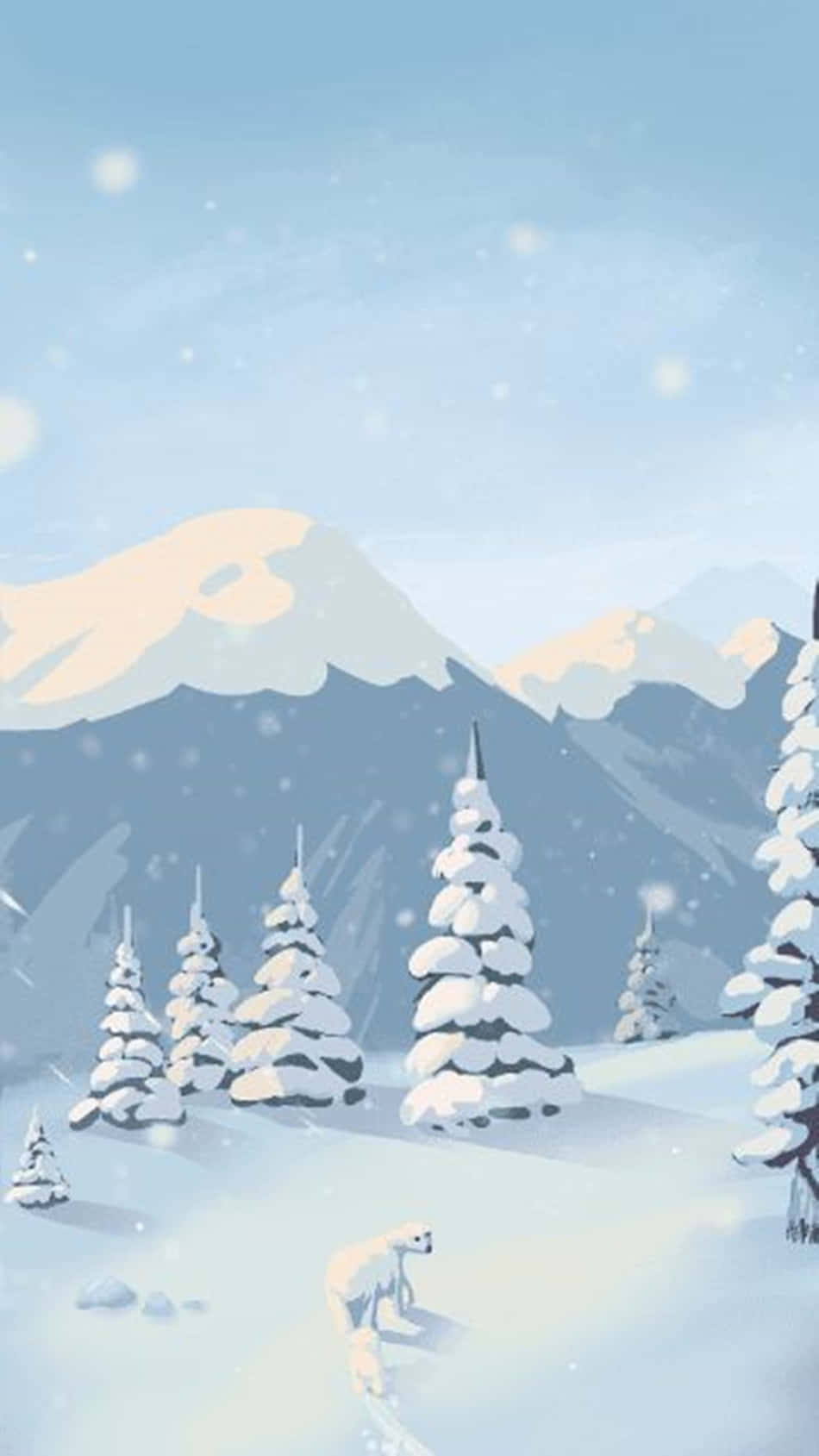 snow-covered pine trees, distant mountains, soft blue sky, HD Phone Wallpaper