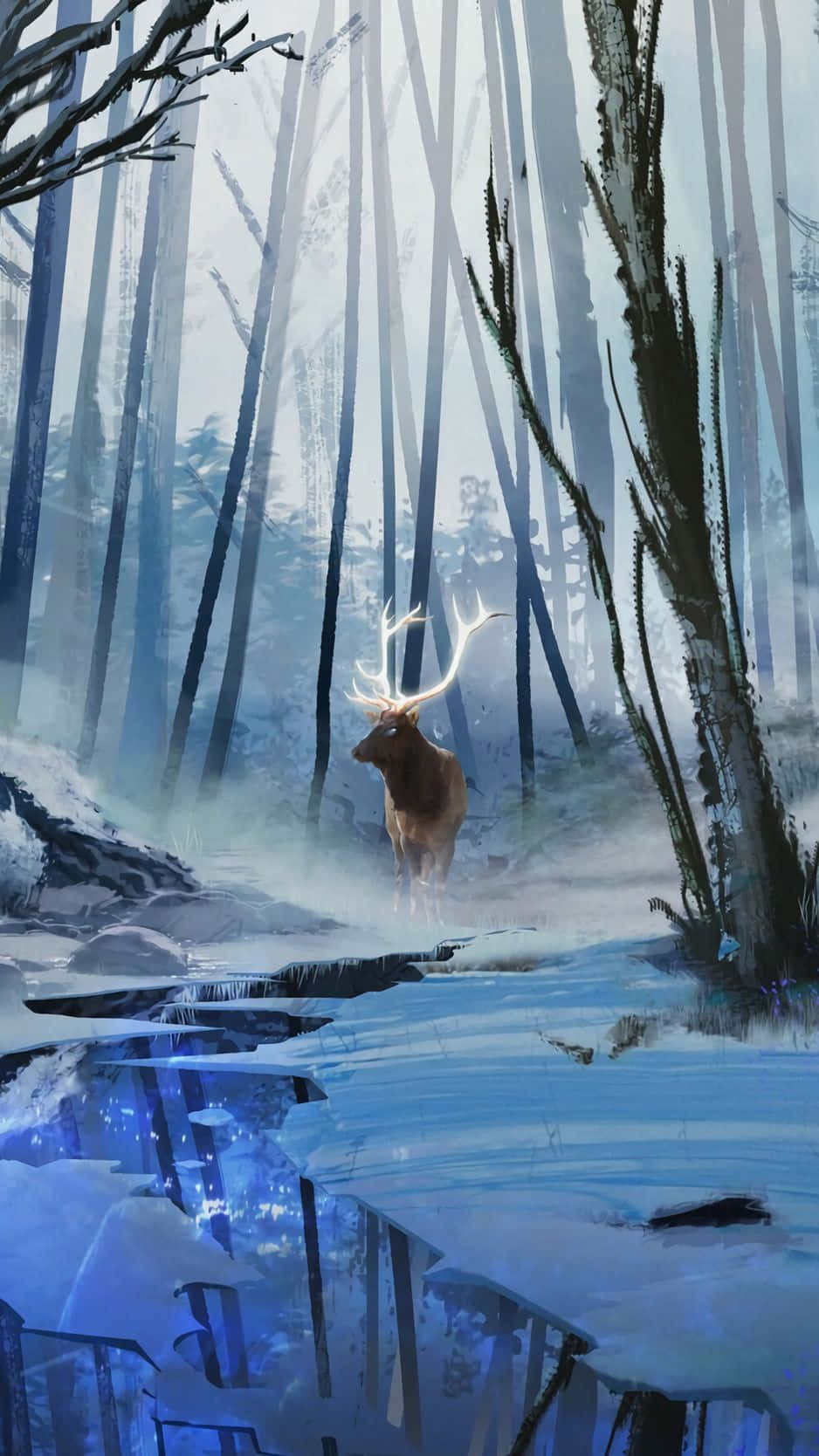 snow-covered iPhone, glowing antlers, misty winter forest, HD Phone Wallpaper