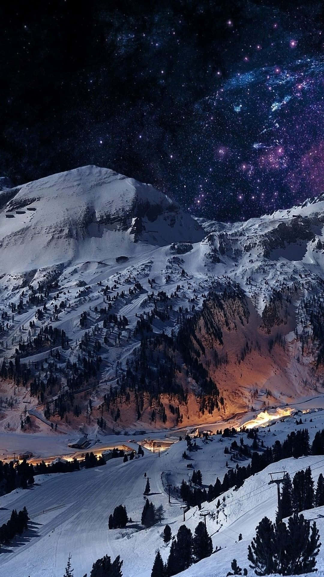Snow iPhone, snowy mountain peaks, vibrant starry night sky, Full HD Phone Wallpaper
