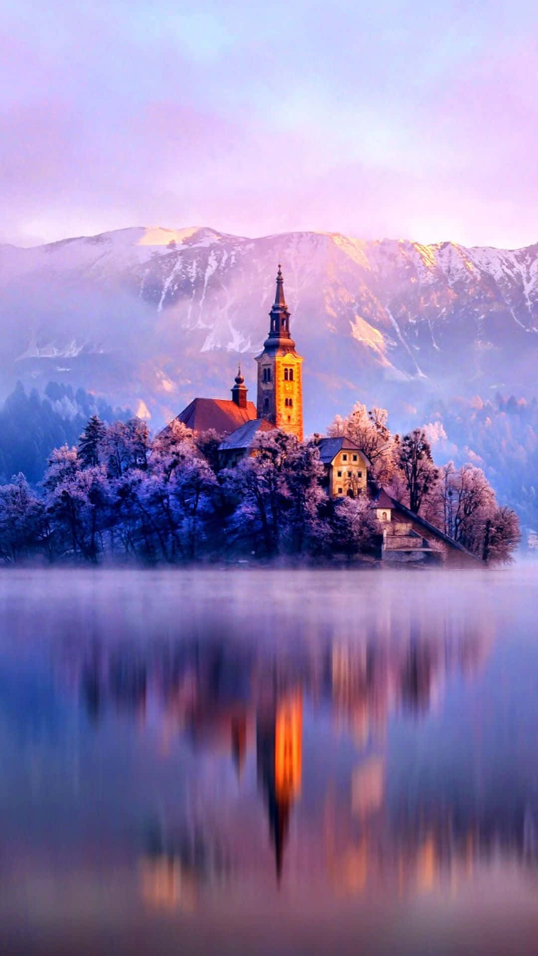 Snow iPhone, winter lake, glowing church, Full HD Phone Wallpaper