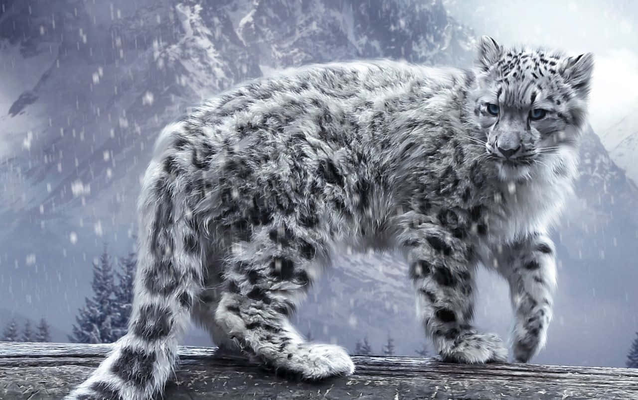 snow leopard, blue eyes, log, HD Desktop Wallpaper