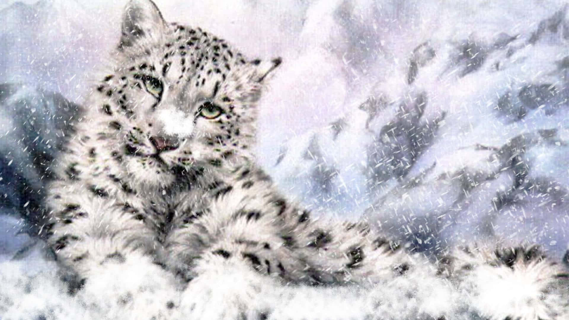 snow leopard, snowy mountain landscape, snowflakes, Full HD Desktop Wallpaper