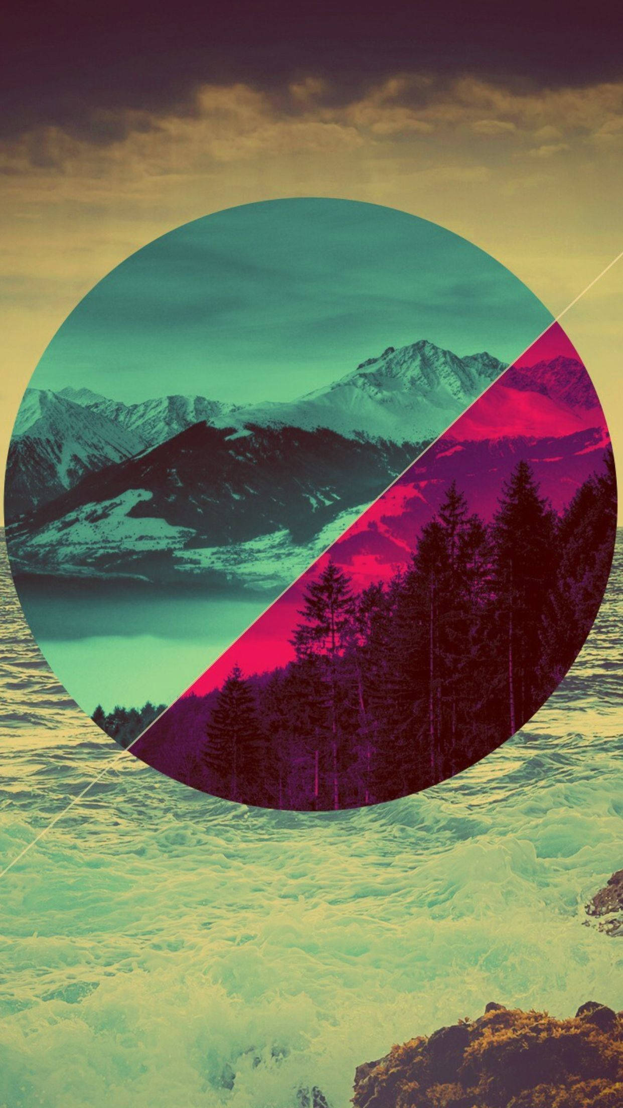 Snowy Mountain And Forest Trees, teal, magenta, Full HD Phone Wallpaper