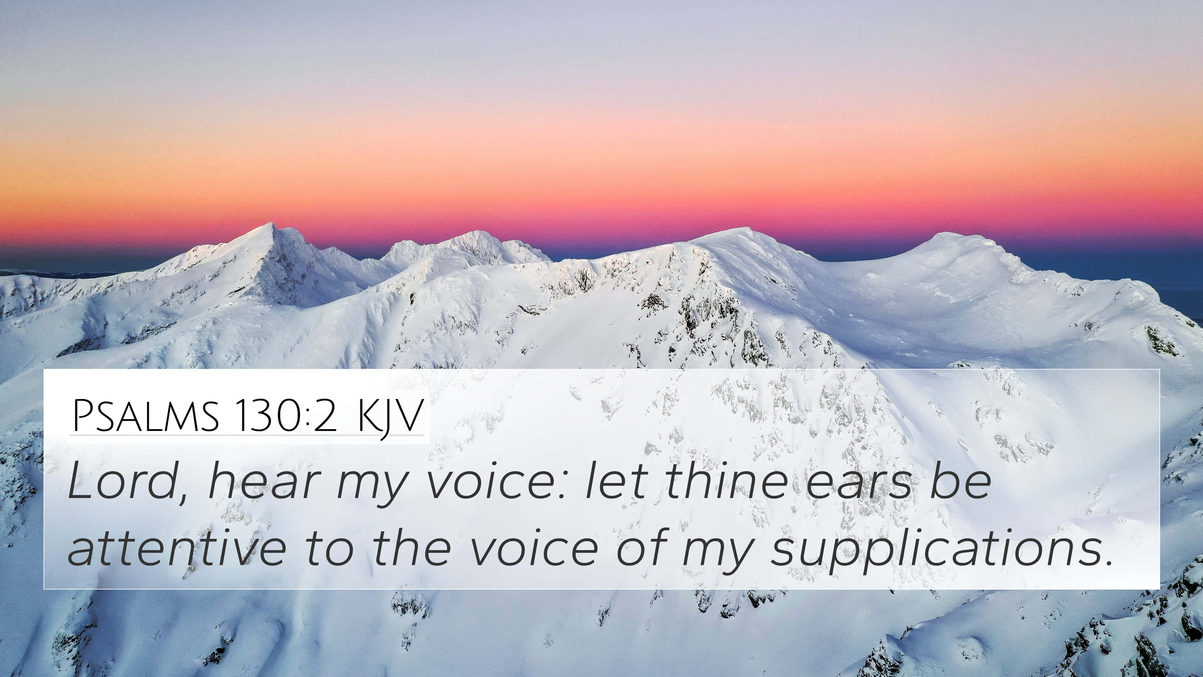 Snow-capped mountain peaks, vibrant pink and orange sunset sky, biblical verse overlay, 4K Desktop Wallpaper