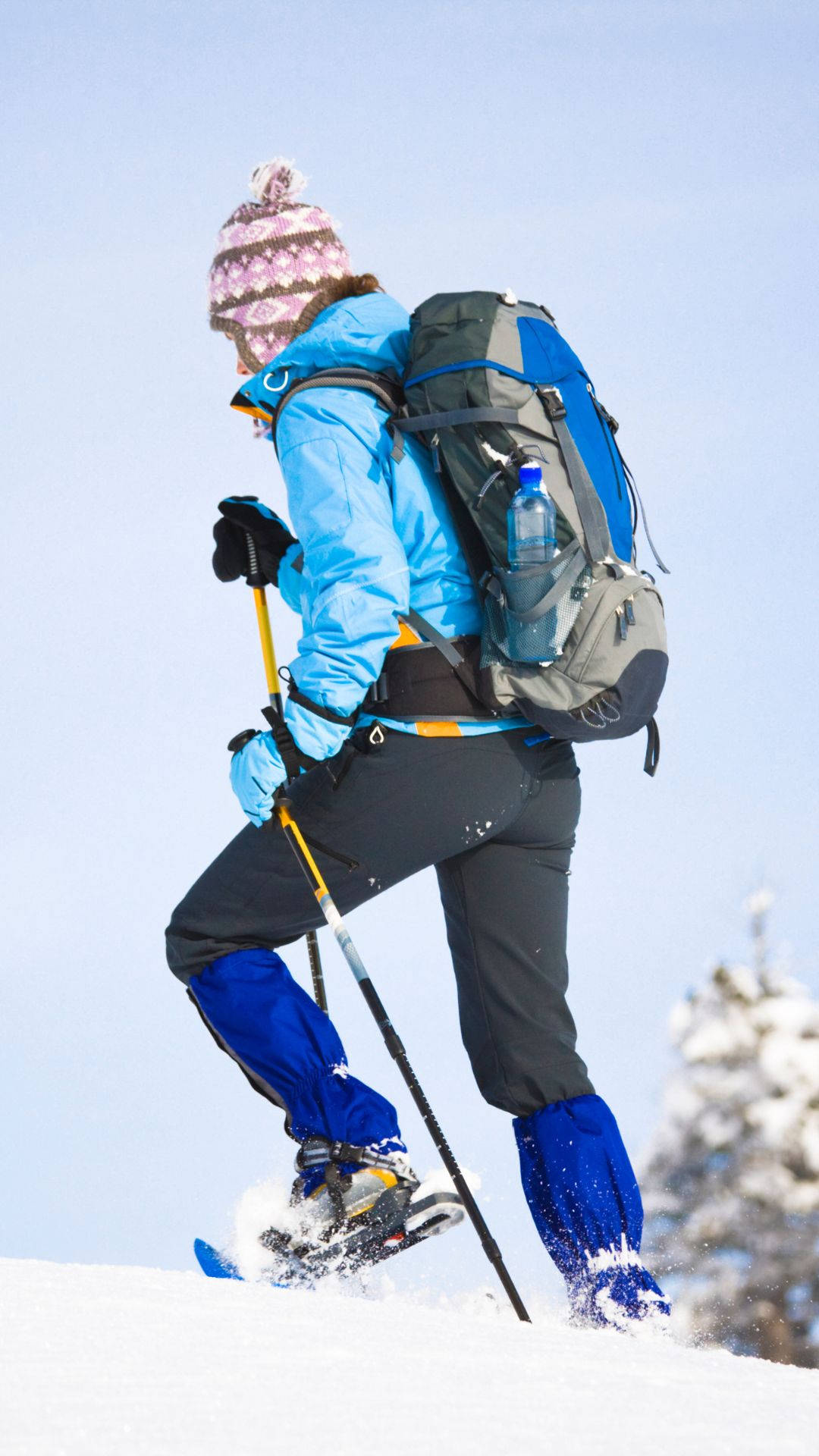 bright blue snow gear, snowshoes, poles, Full HD Phone Wallpaper