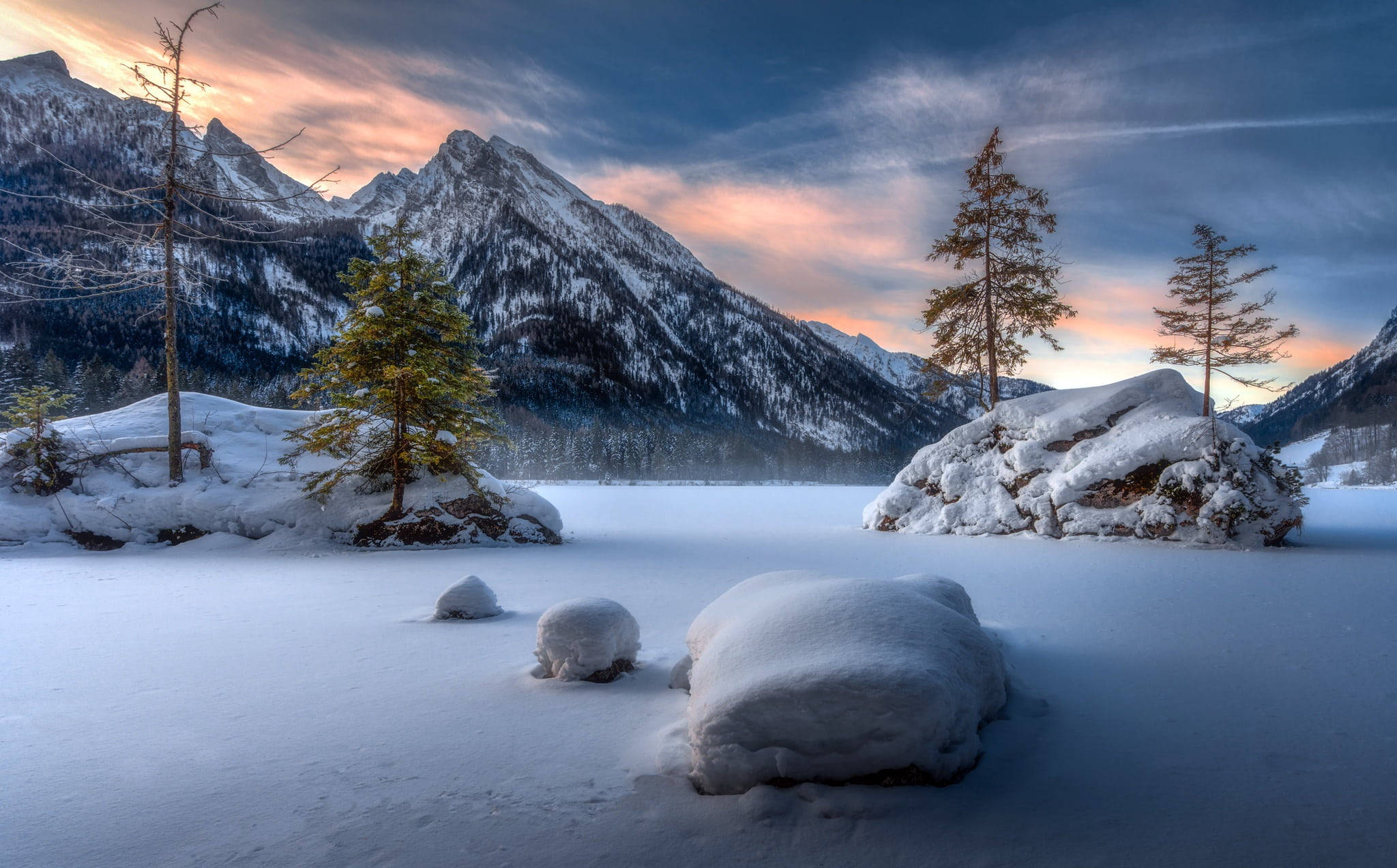 frozen lake, snow-capped mountains, evergreen trees, Full HD Desktop Wallpaper
