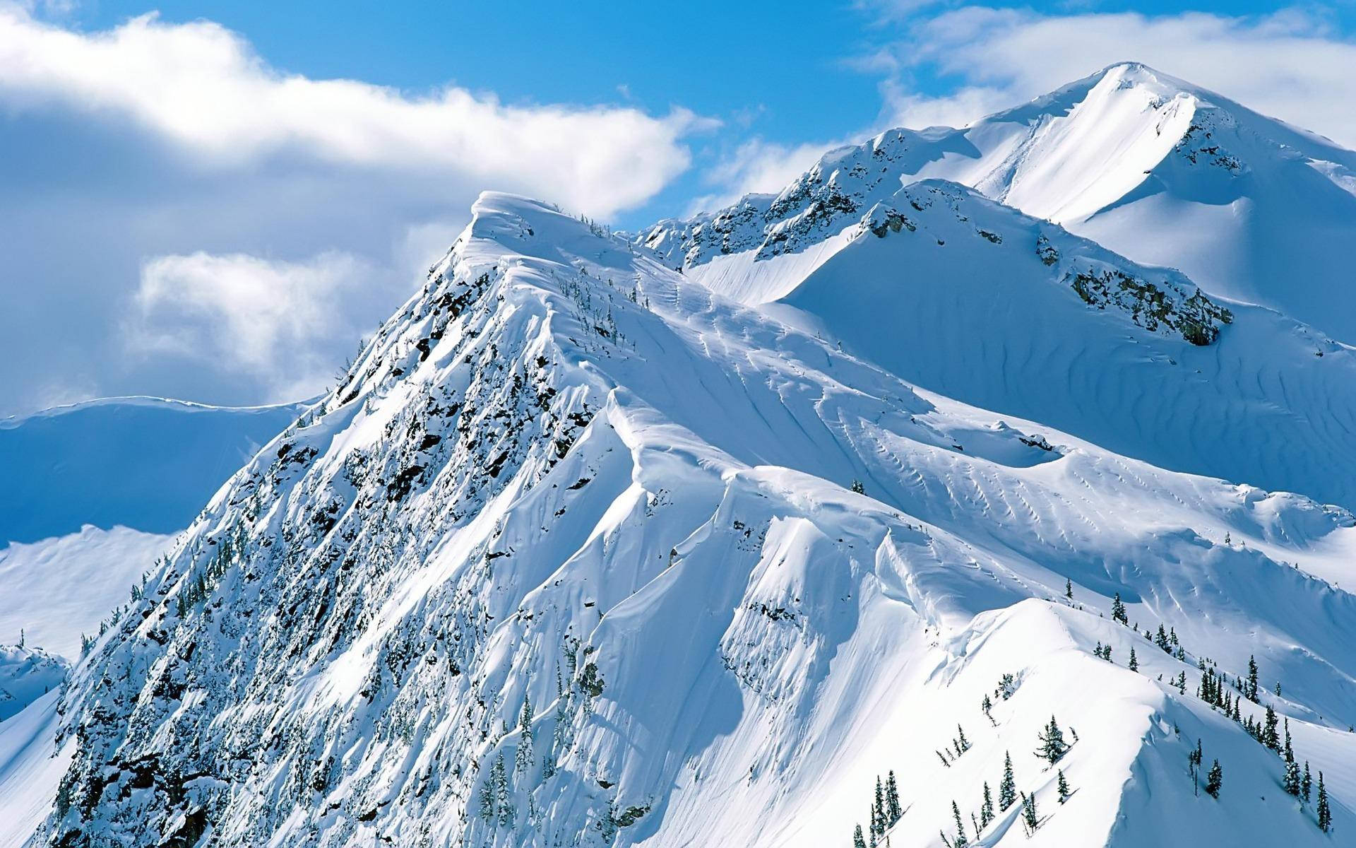 Snow Mountain, snowcapped mountain peaks, bright blue sky, Full HD Desktop Wallpaper