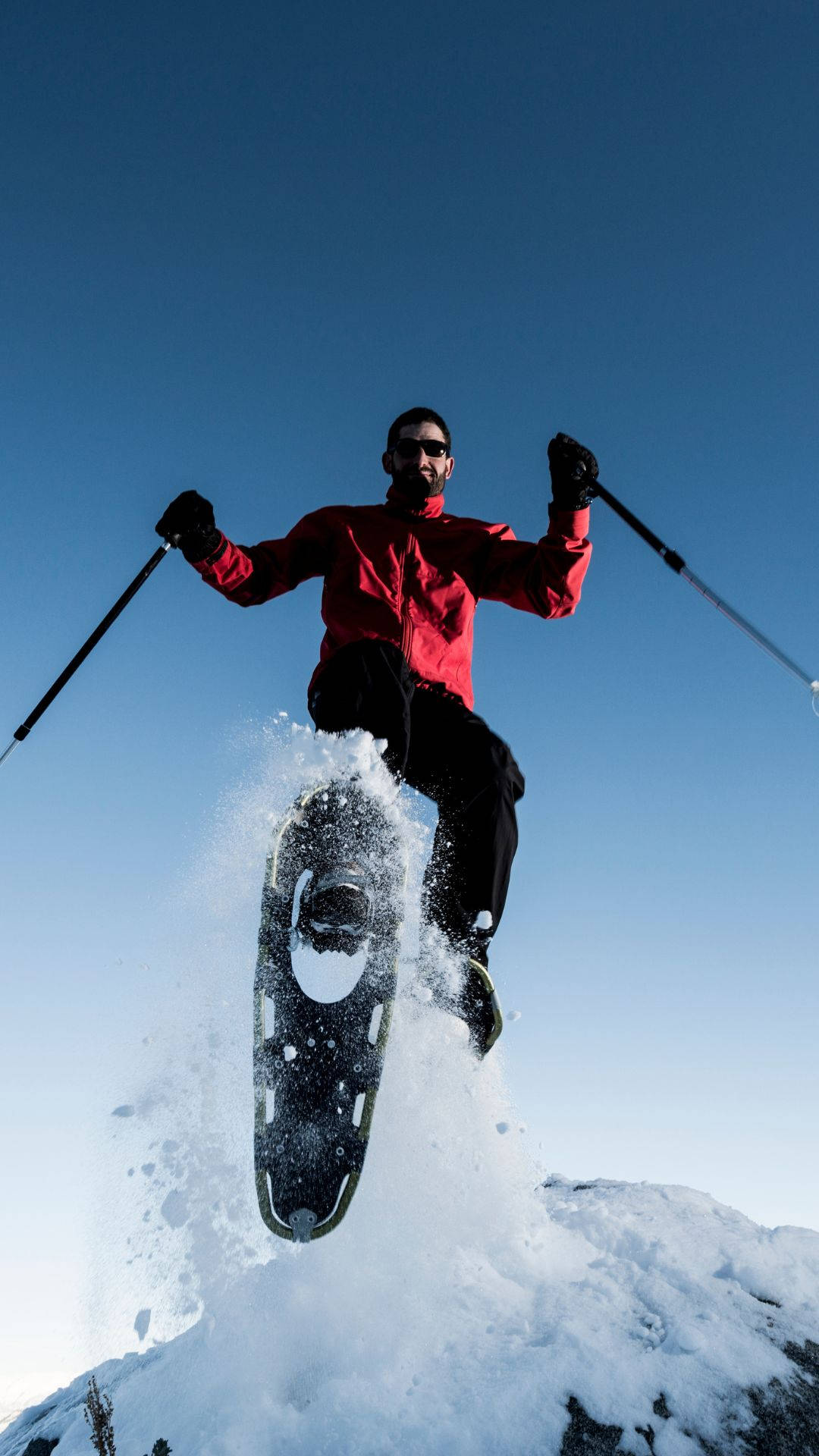 snowshoer, red jacket, snowy peak, Full HD Phone Wallpaper