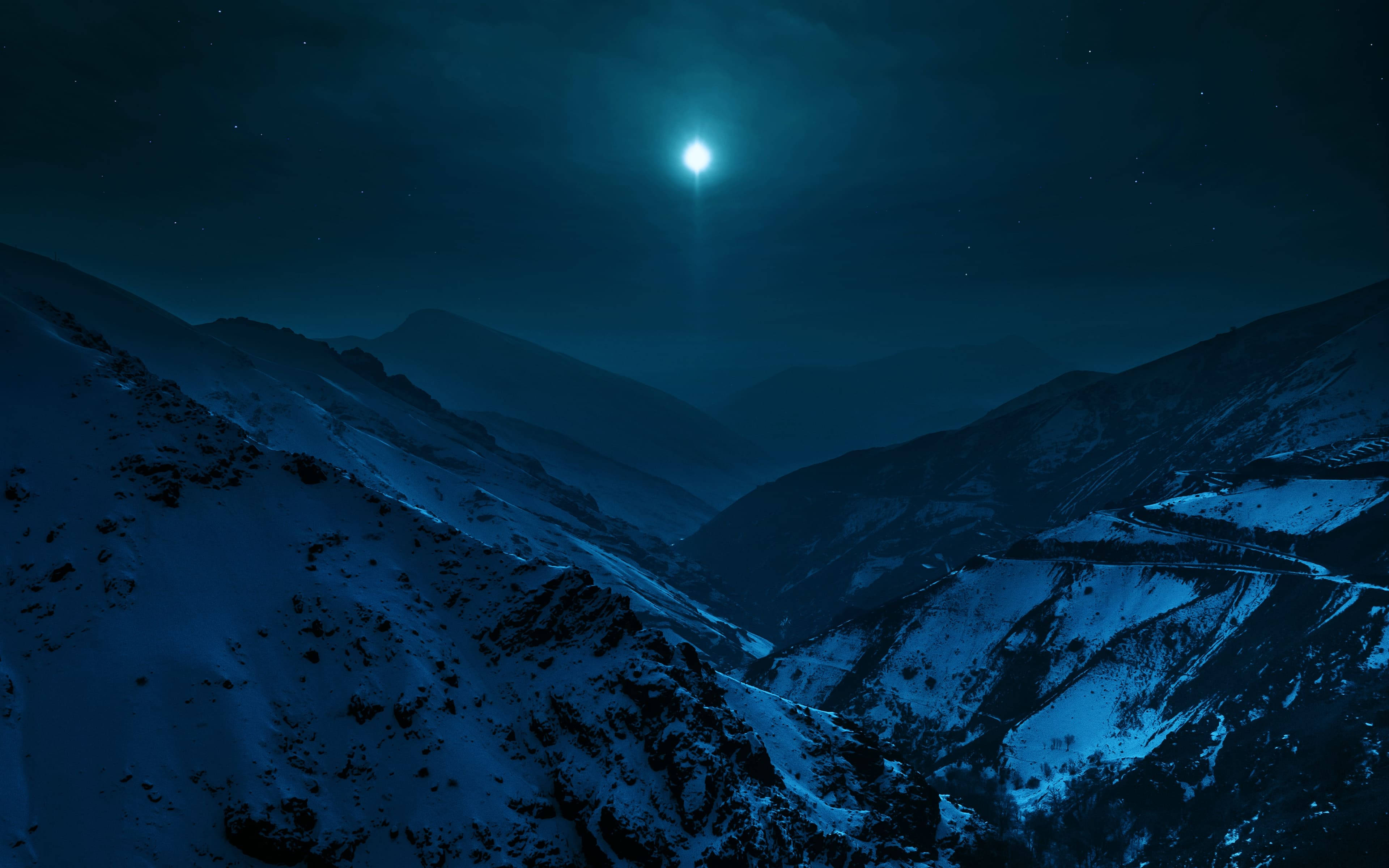 moonlit snow mountain summit, full moon, starry night sky, 4K Desktop Wallpaper