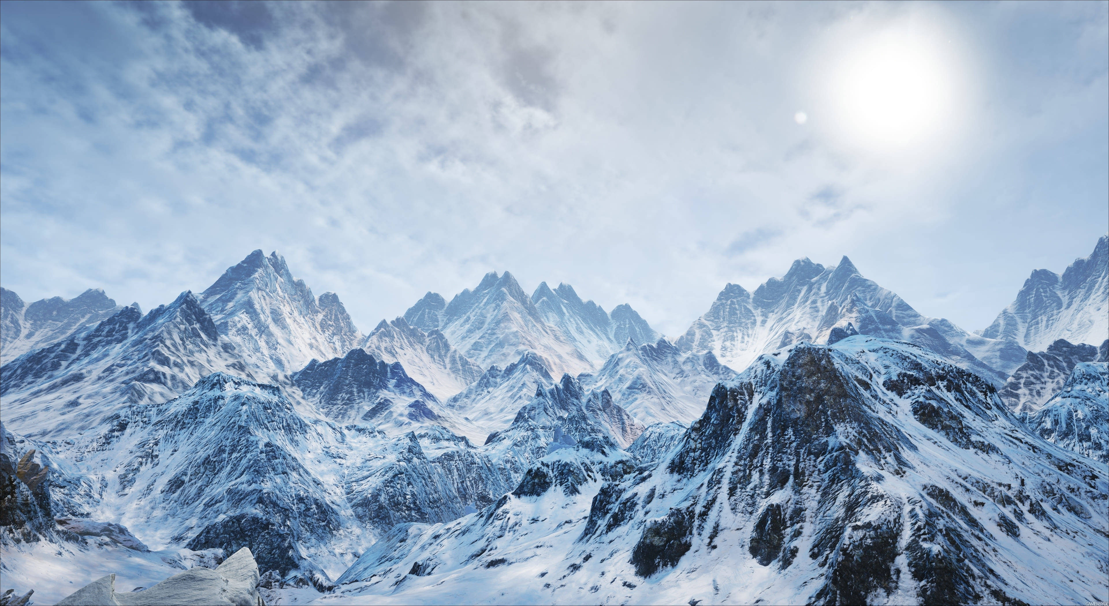 Snow Mountain, mountain peaks, bright sky, 4K Desktop Wallpaper