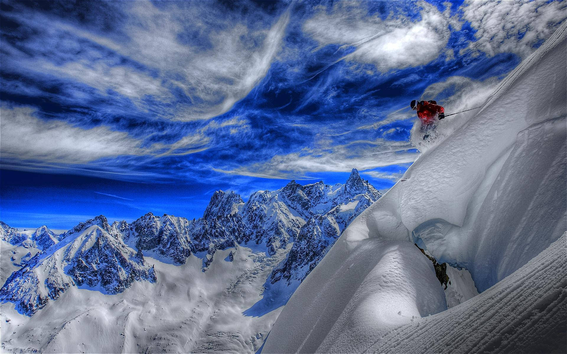Snow Mountain, red skier, deep powder snow, Full HD Desktop Wallpaper