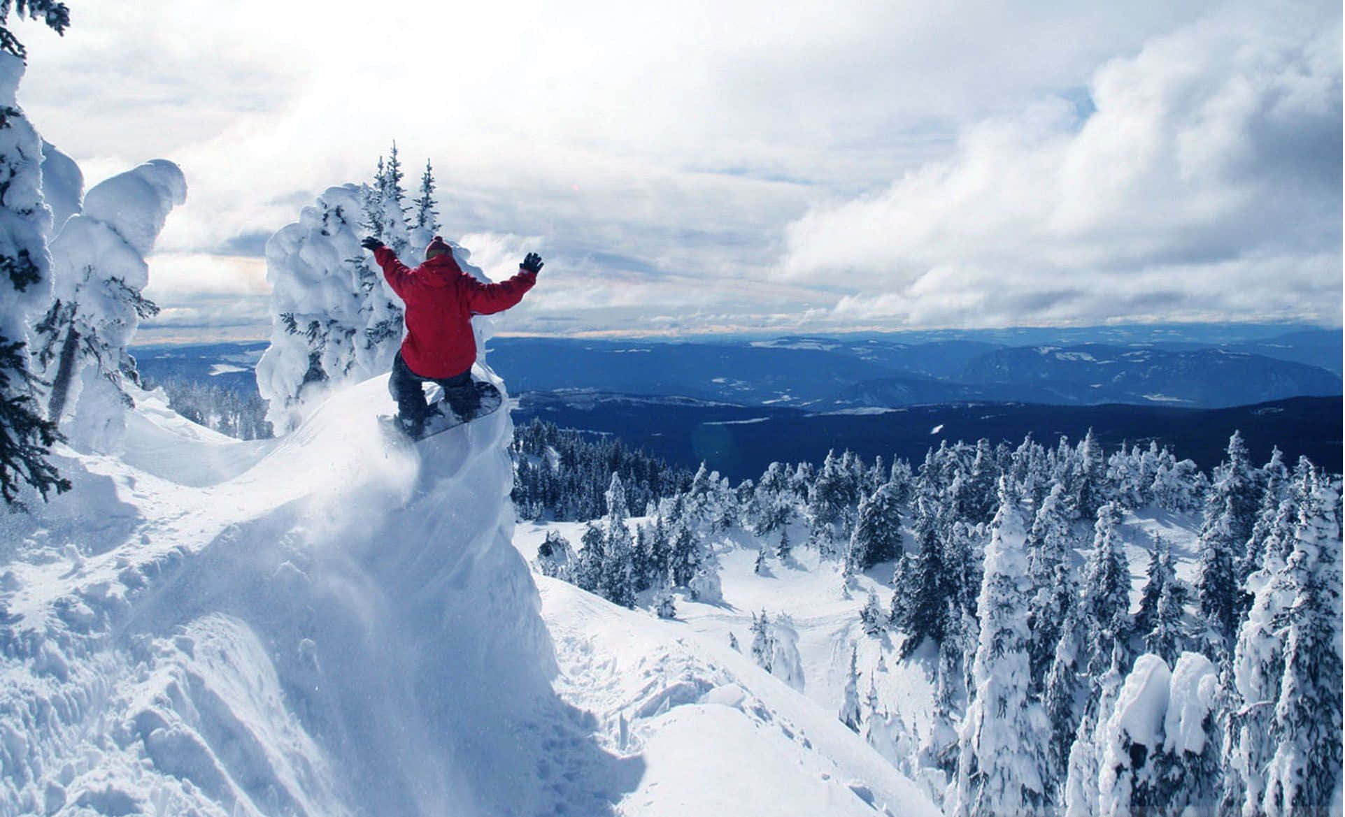 snowboarder, red jacket, snowy cliff, Full HD Desktop Wallpaper