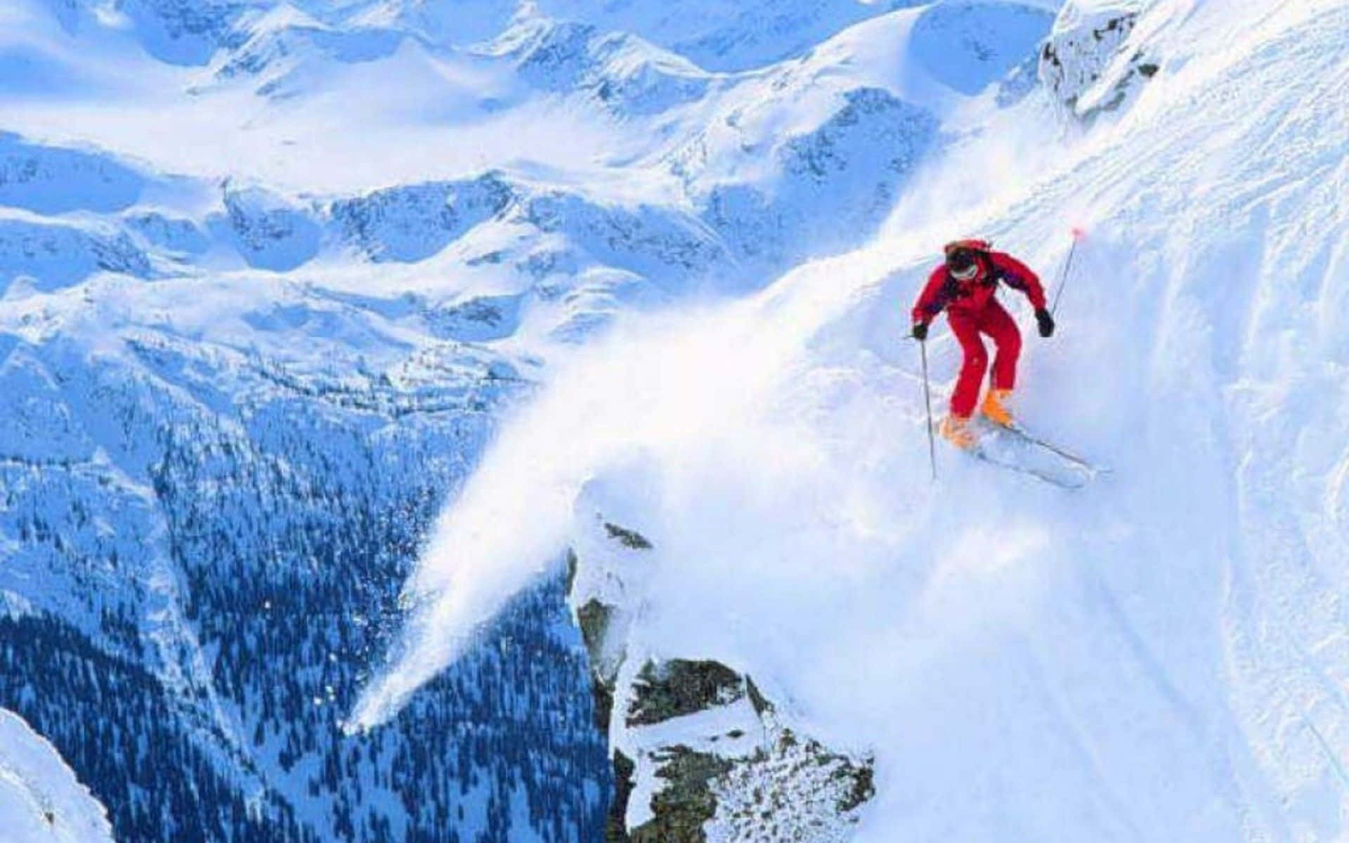 skier, bright red suit, steep snowy mountain slope, Full HD Desktop Wallpaper