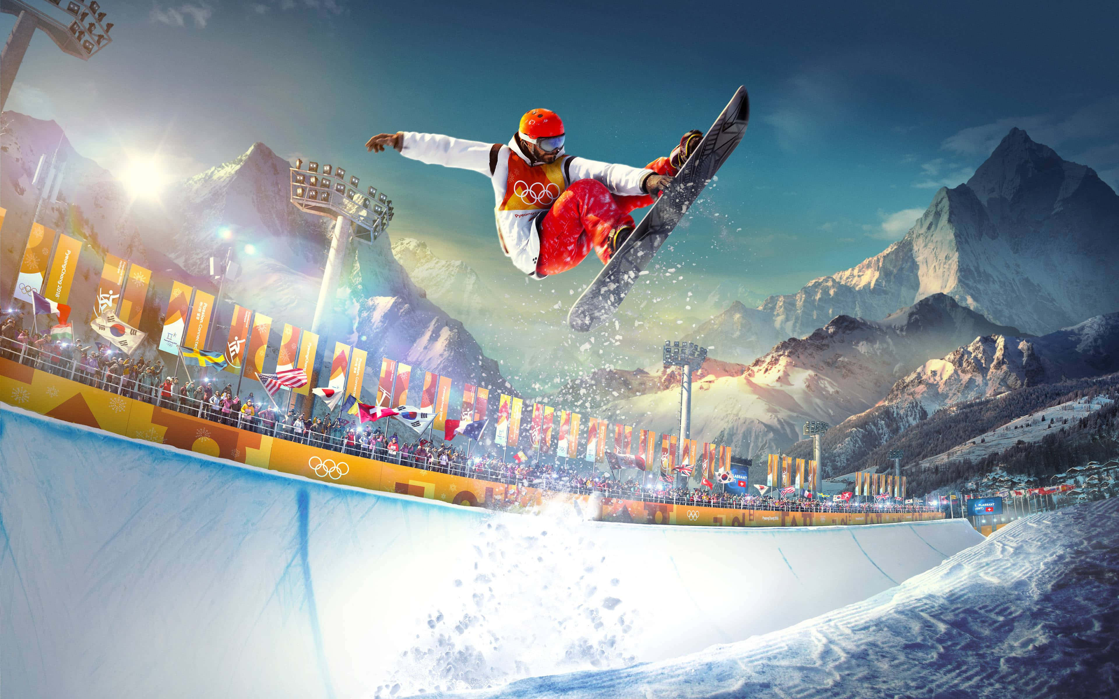 snowboarder, red and white, snowy halfpipe, 4K Desktop Wallpaper