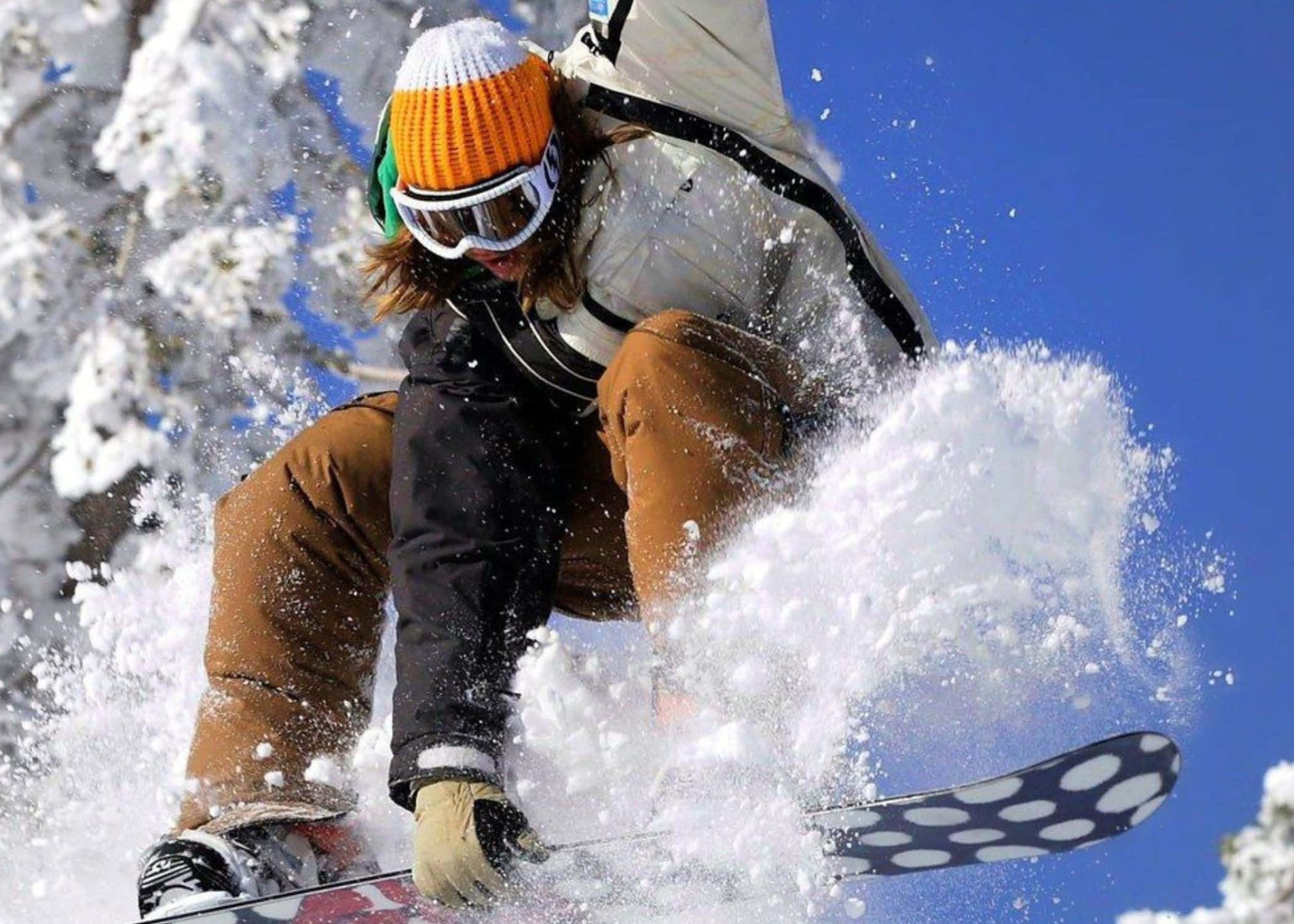 snowboarder, bright orange beanie, fresh powder, Full HD Desktop Wallpaper