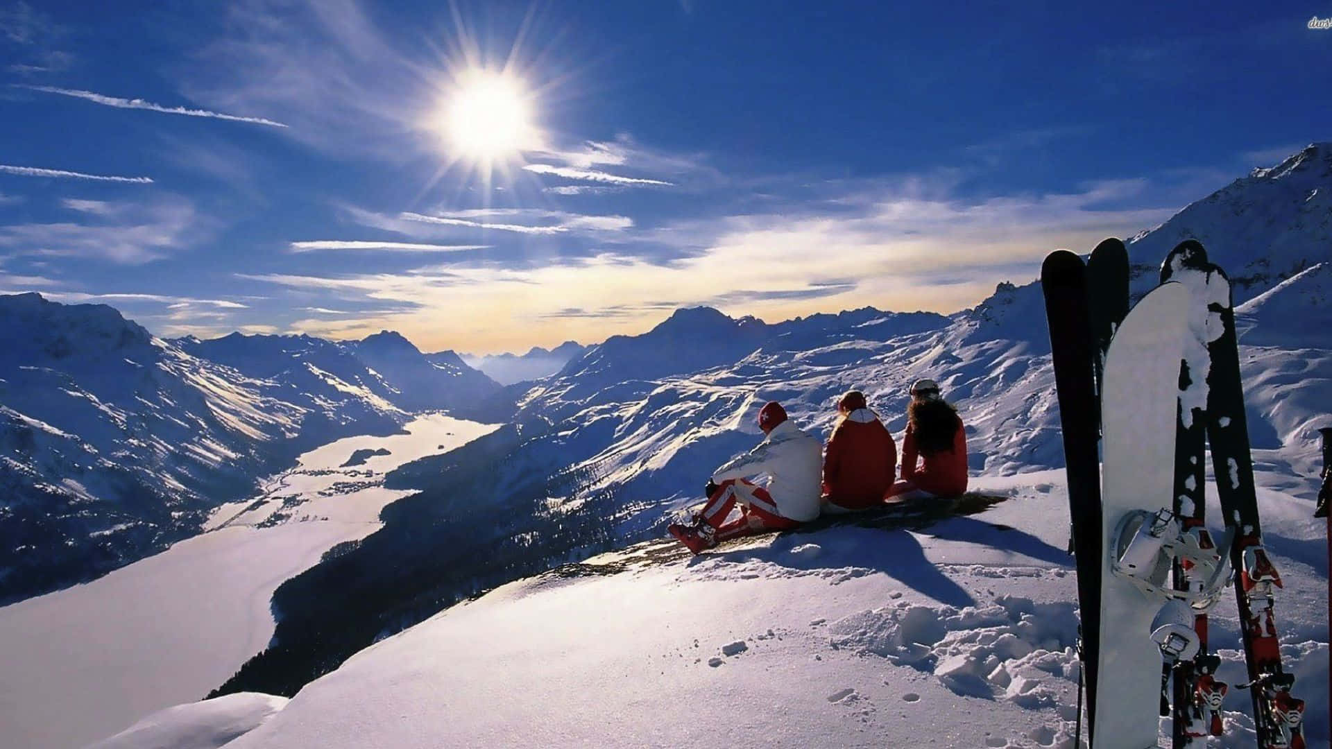 red gear, snowy mountain ridge, bright sun, Full HD Desktop Wallpaper