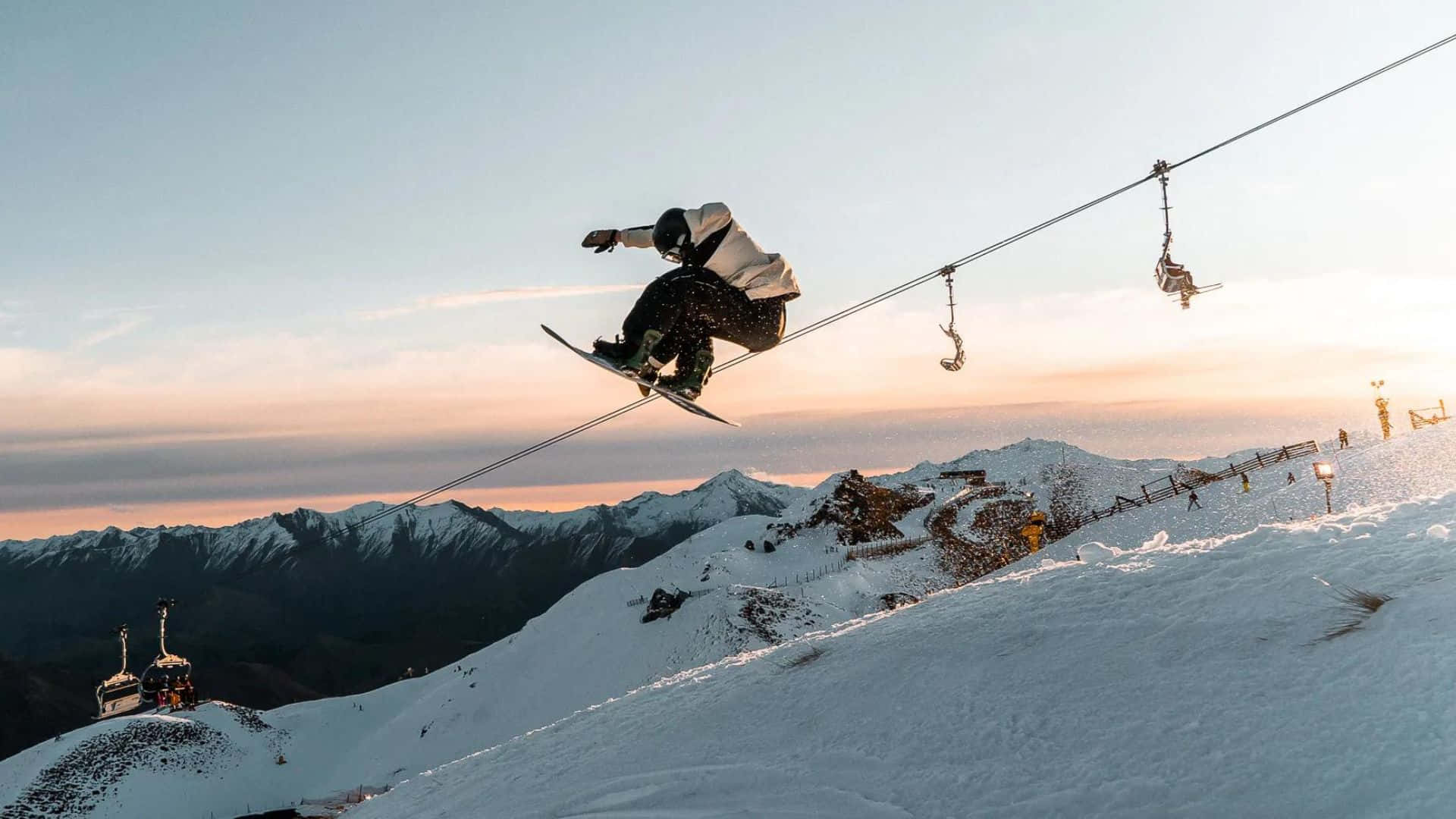 snowboarder, snowy mountain slope, cable car, Full HD Desktop Wallpaper