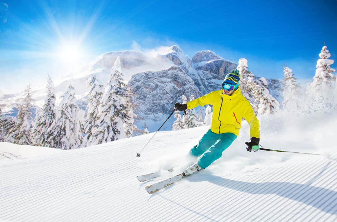 bright yellow jacket, fresh powder, sunlit snowy slope, HD Desktop Wallpaper