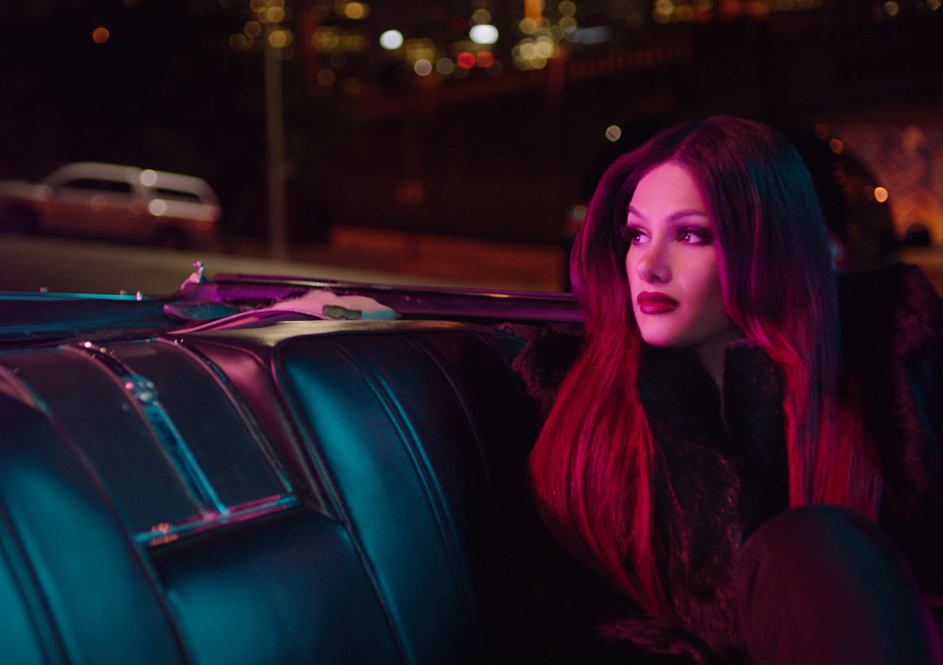 Snow Tha Product, neon lights, teal convertible, 2K Desktop Wallpaper
