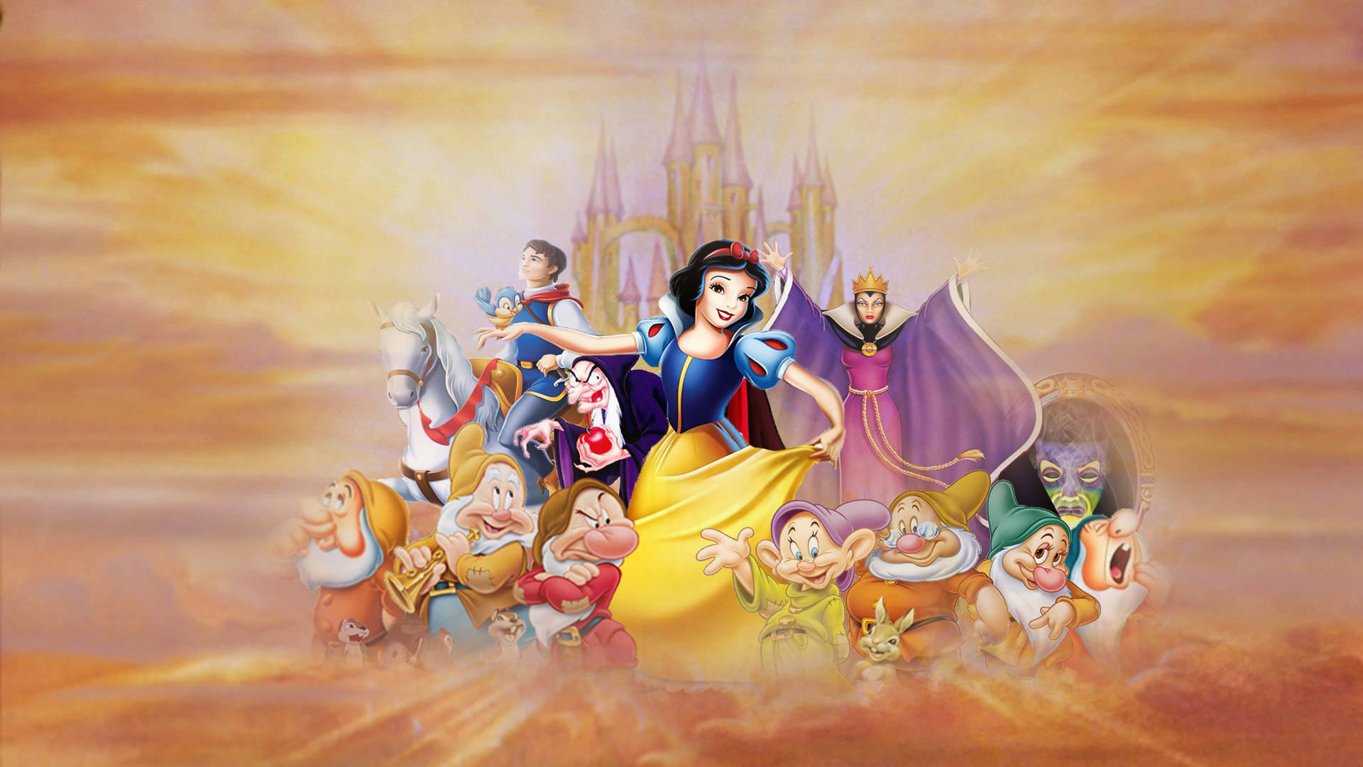 Snow White and the Seven Dwarfs, castle, golden sunset sky, Full HD Desktop Wallpaper