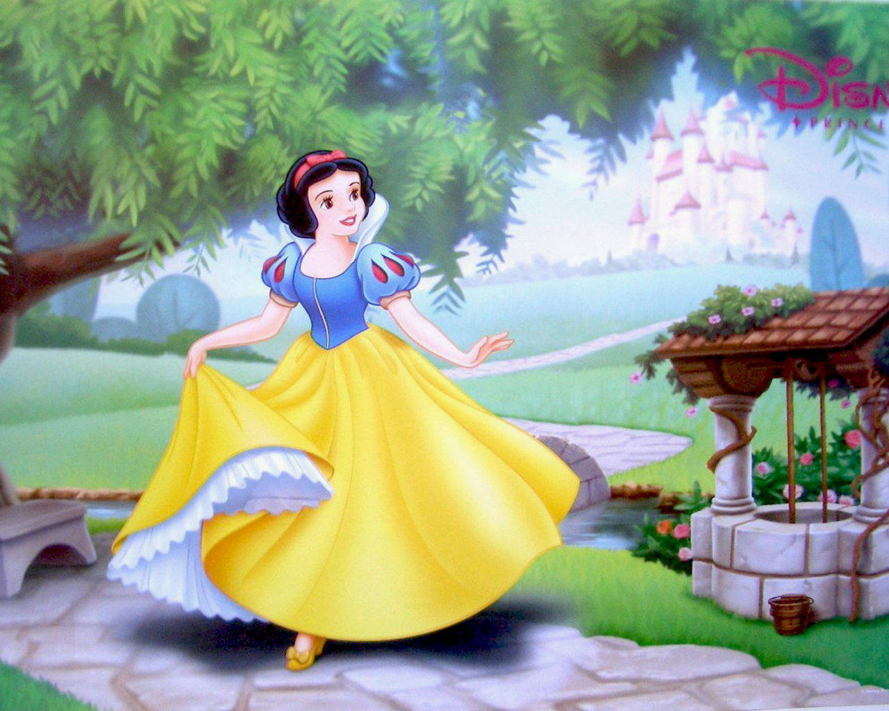 Snow White, seven dwarfs, yellow gown, HD Desktop Wallpaper