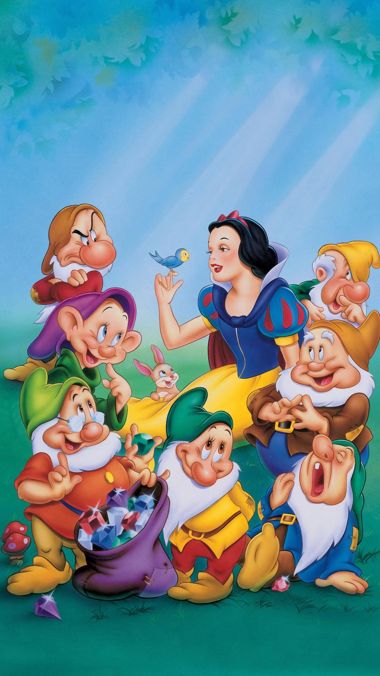 Snow White, seven dwarfs, sunlit forest clearing, Full HD Phone Wallpaper