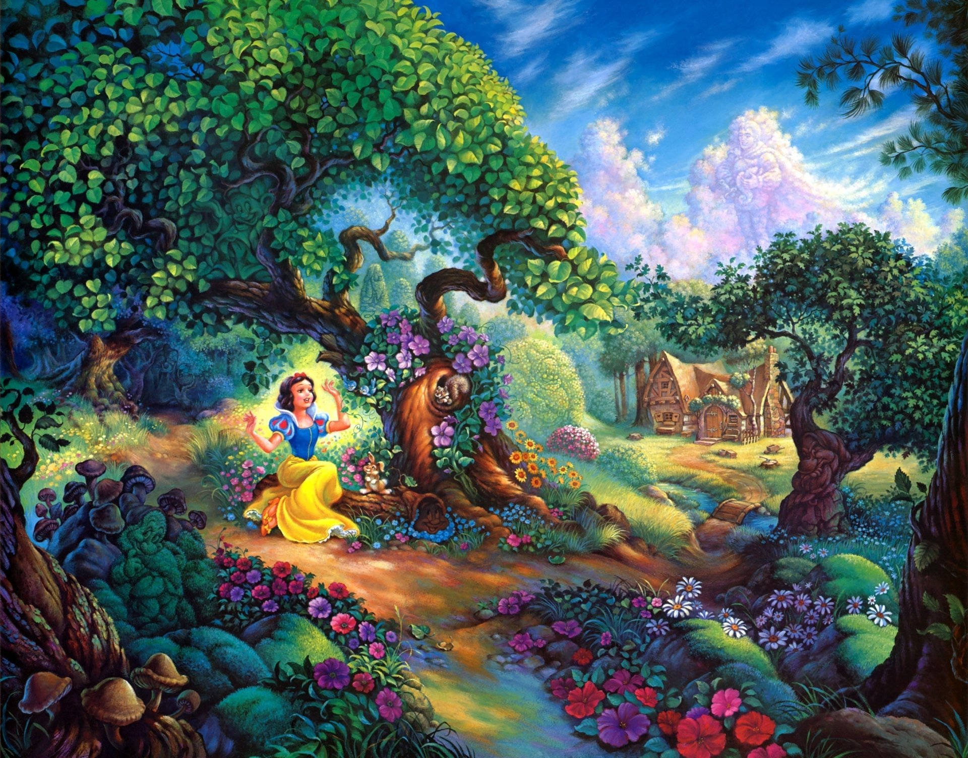 Snow White, seven dwarfs, garden, Full HD Desktop Wallpaper