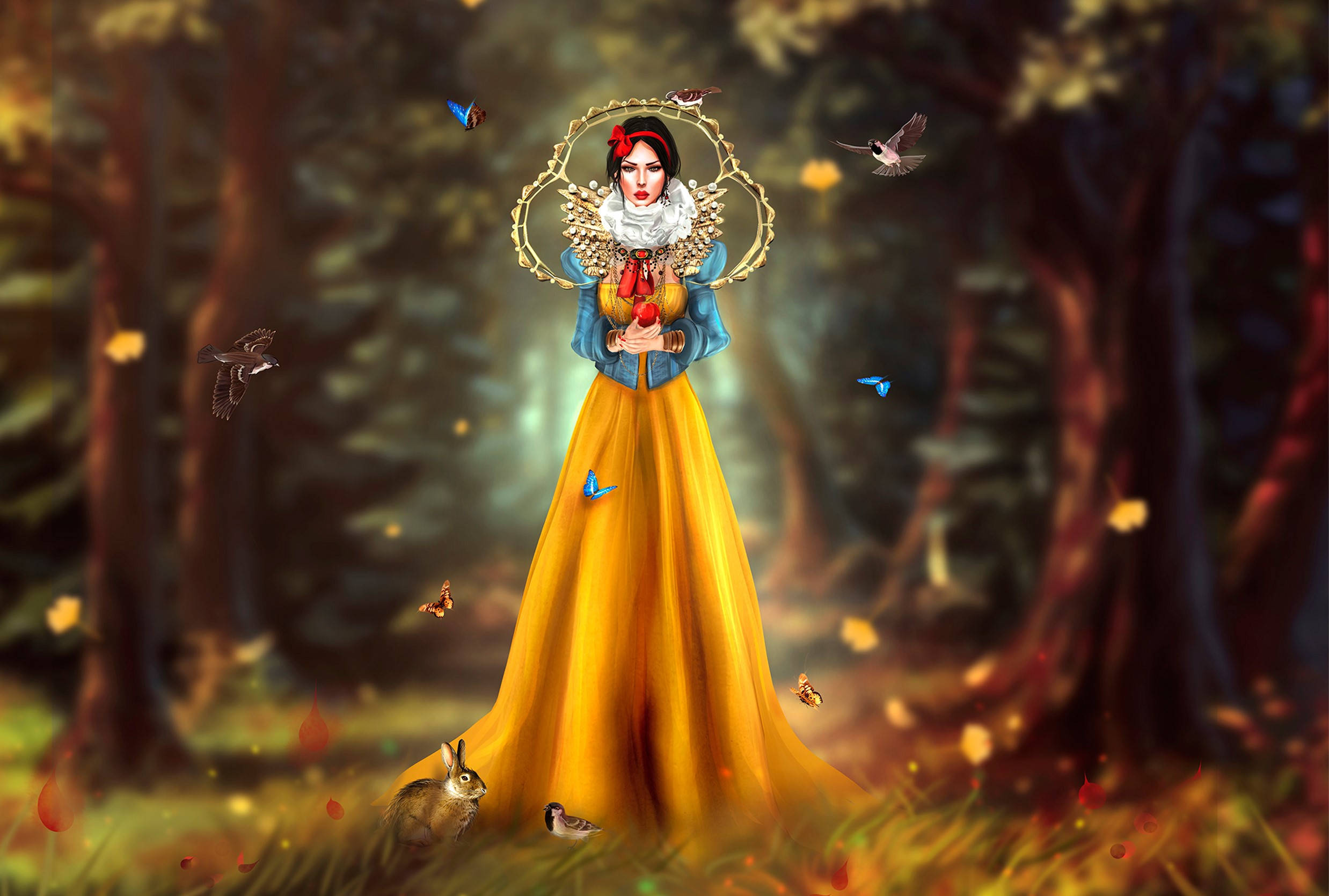 Snow White, Seven Dwarfs, golden gown, Full HD Desktop Wallpaper
