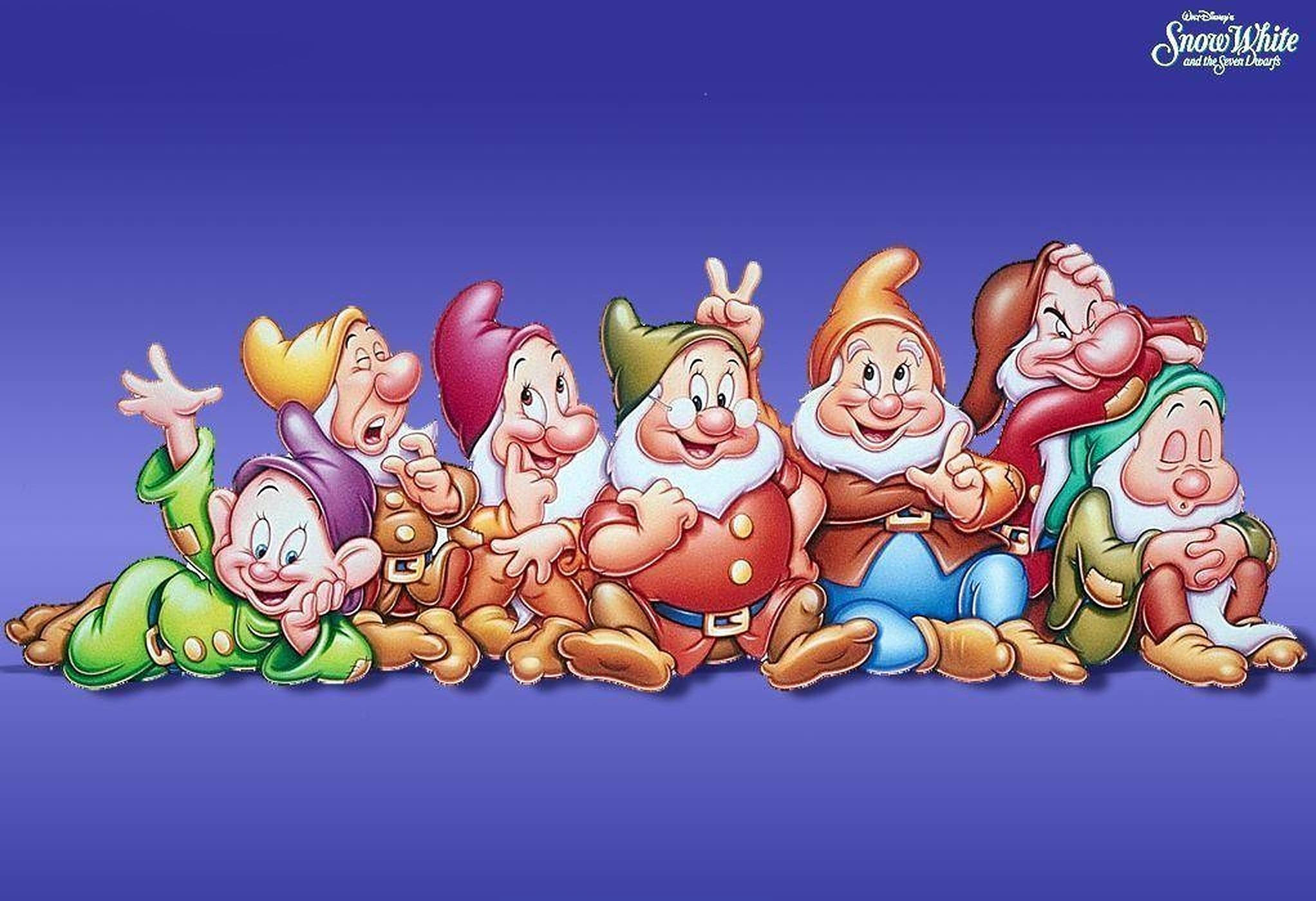 Seven Dwarfs, colorful outfits, solid purple background, Full HD Desktop Wallpaper
