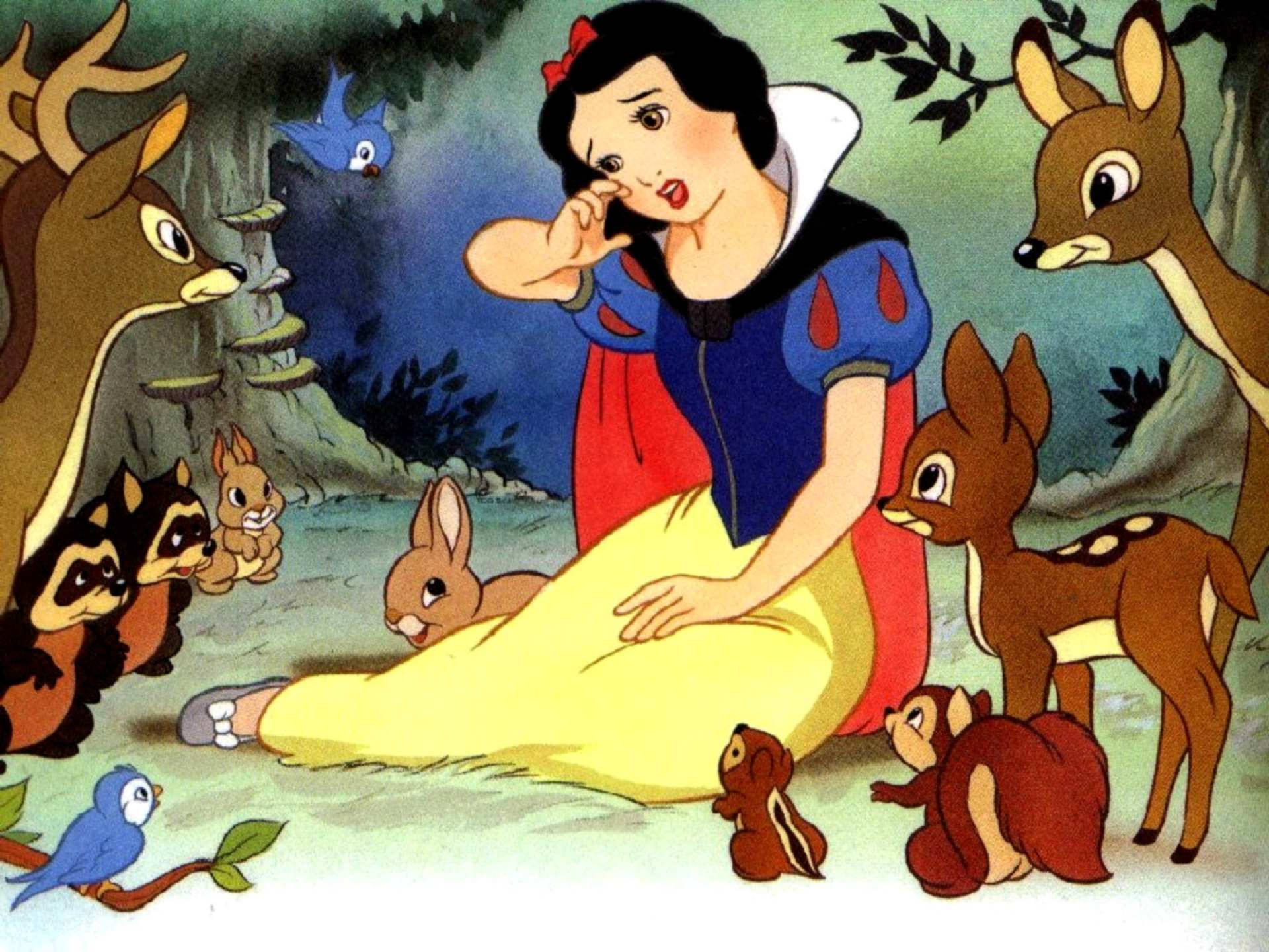 Snow White and the seven dwarfs, forest clearing, deer, Full HD Desktop Wallpaper