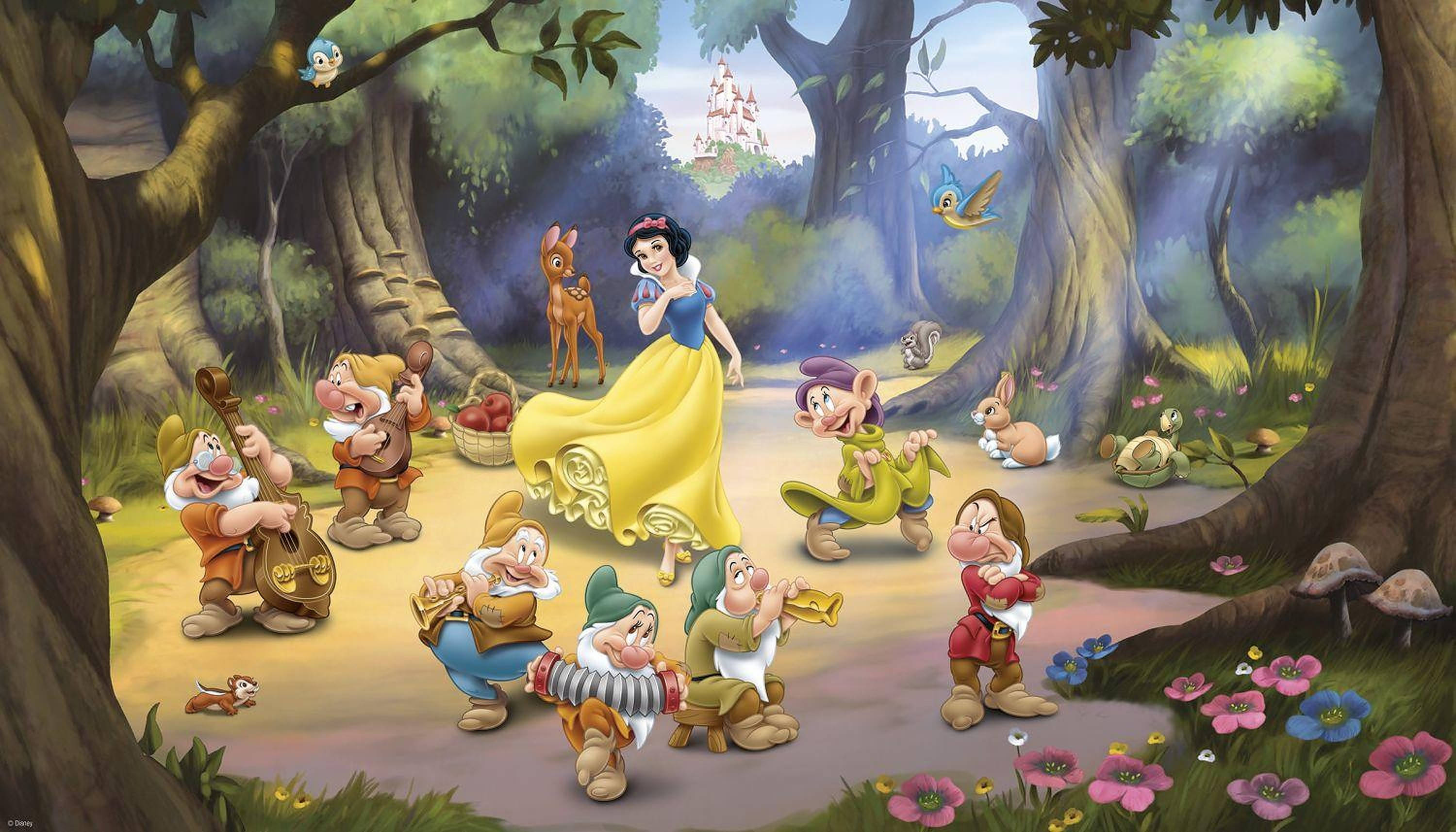Snow White, seven dwarfs, yellow gown, 2K Desktop Wallpaper