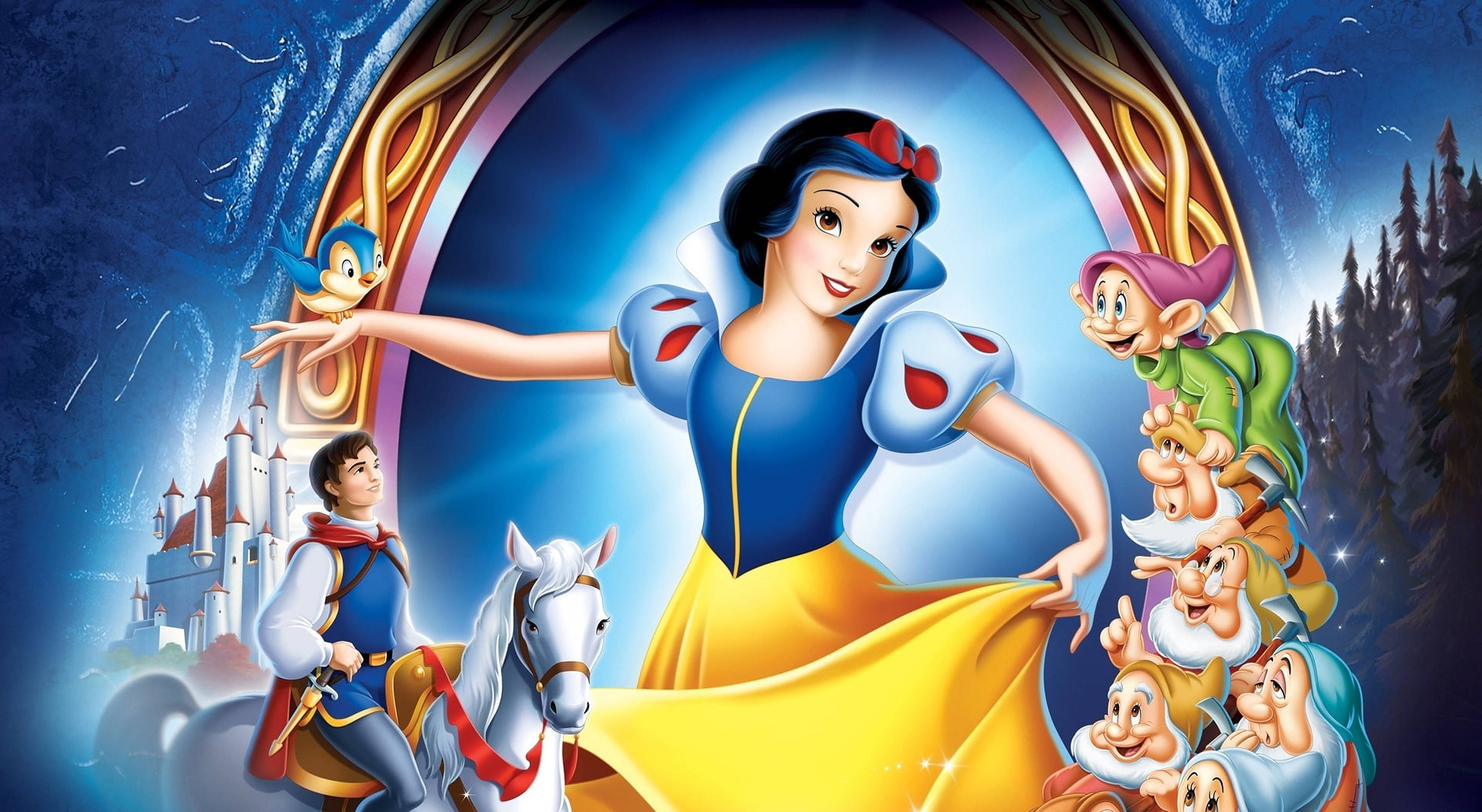 Seven Dwarfs, Snow White, blue and yellow gown, 2K Desktop Wallpaper