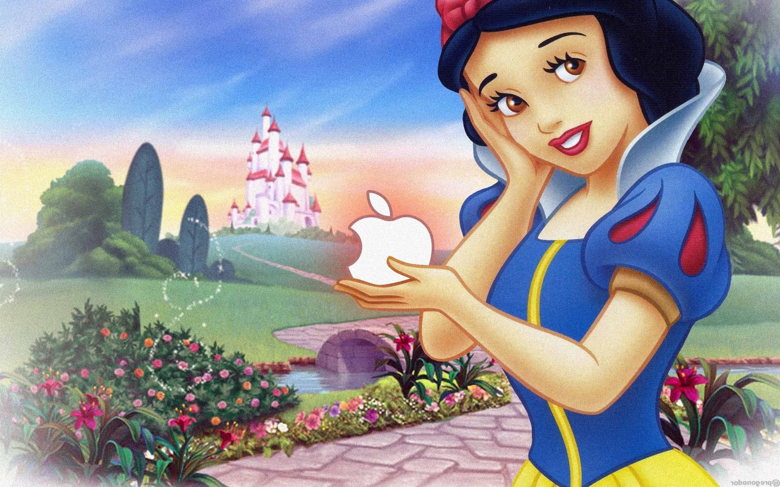 Snow White, glowing apple, vibrant garden, 2K Desktop Wallpaper