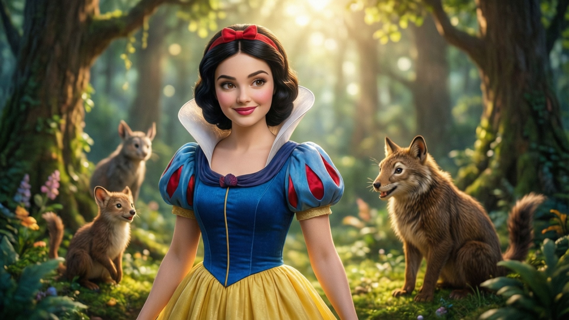Snow White, blue and yellow dress, sunlit forest, Full HD Desktop Wallpaper
